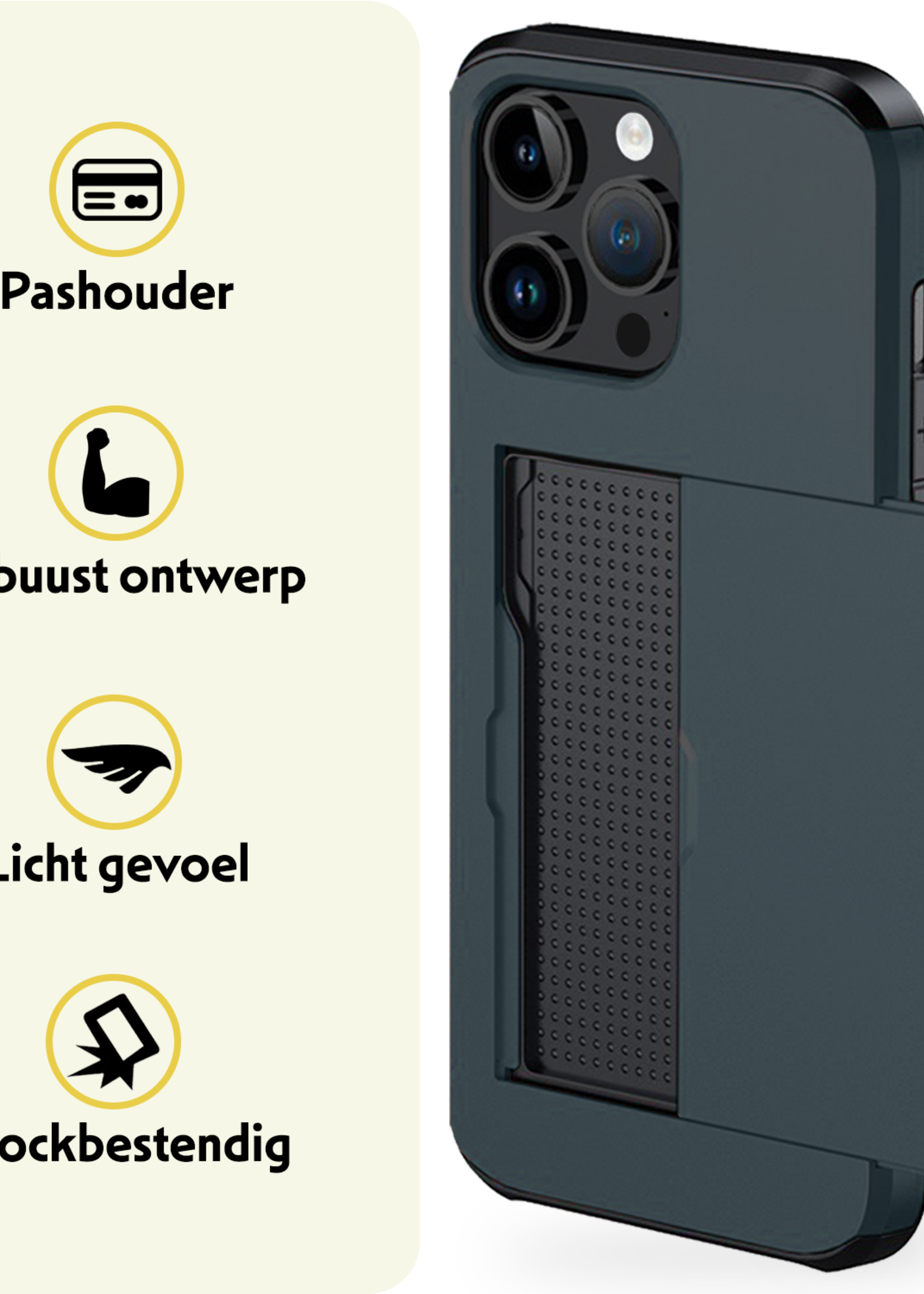 LUQ Hoesje Geschikt voor iPhone 15 Pro Hoesje Case Pashouder Hard Cover Met 2x Screenprotector - Hoes Geschikt voor iPhone 15 Pro Hoesje Met Kaarthouder - Donker Blauw