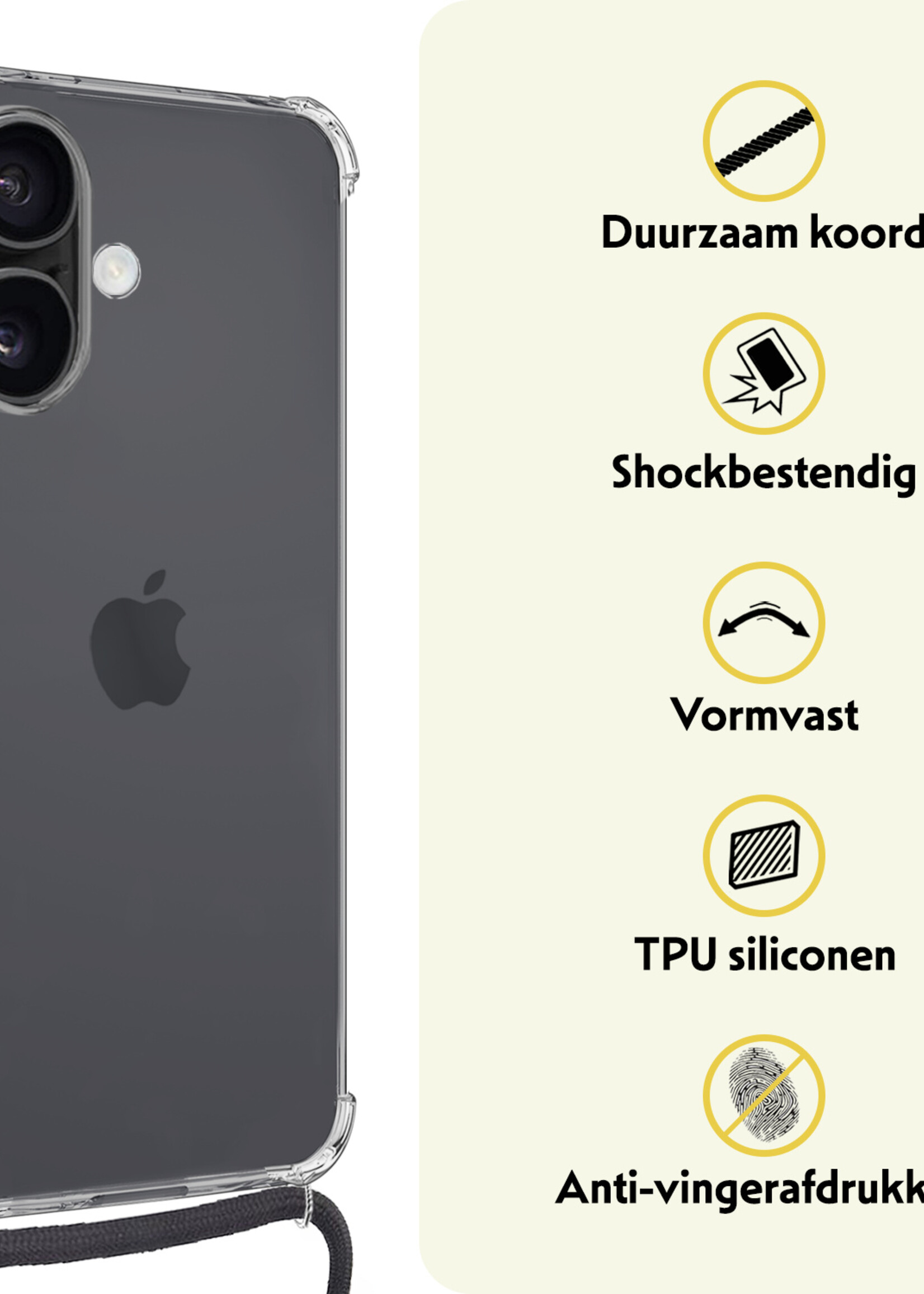 LUQ Hoesje Geschikt voor iPhone 16 Plus Hoesje Shockproof Case Siliconen Hoes Met Koord - Transparant