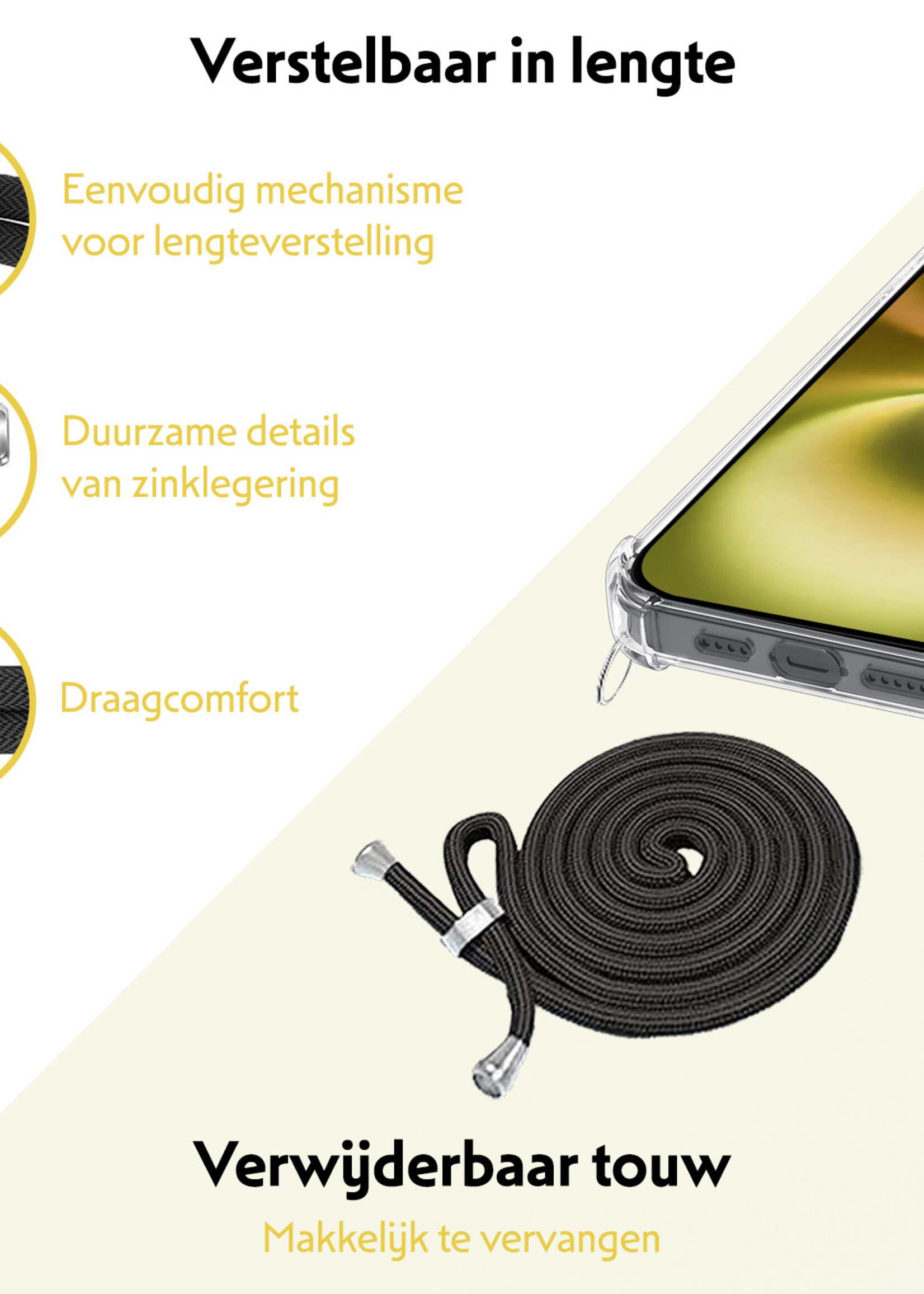 LUQ Hoesje Geschikt voor iPhone 16 Plus Hoesje Shockproof Case Siliconen Hoes Met Koord - Transparant