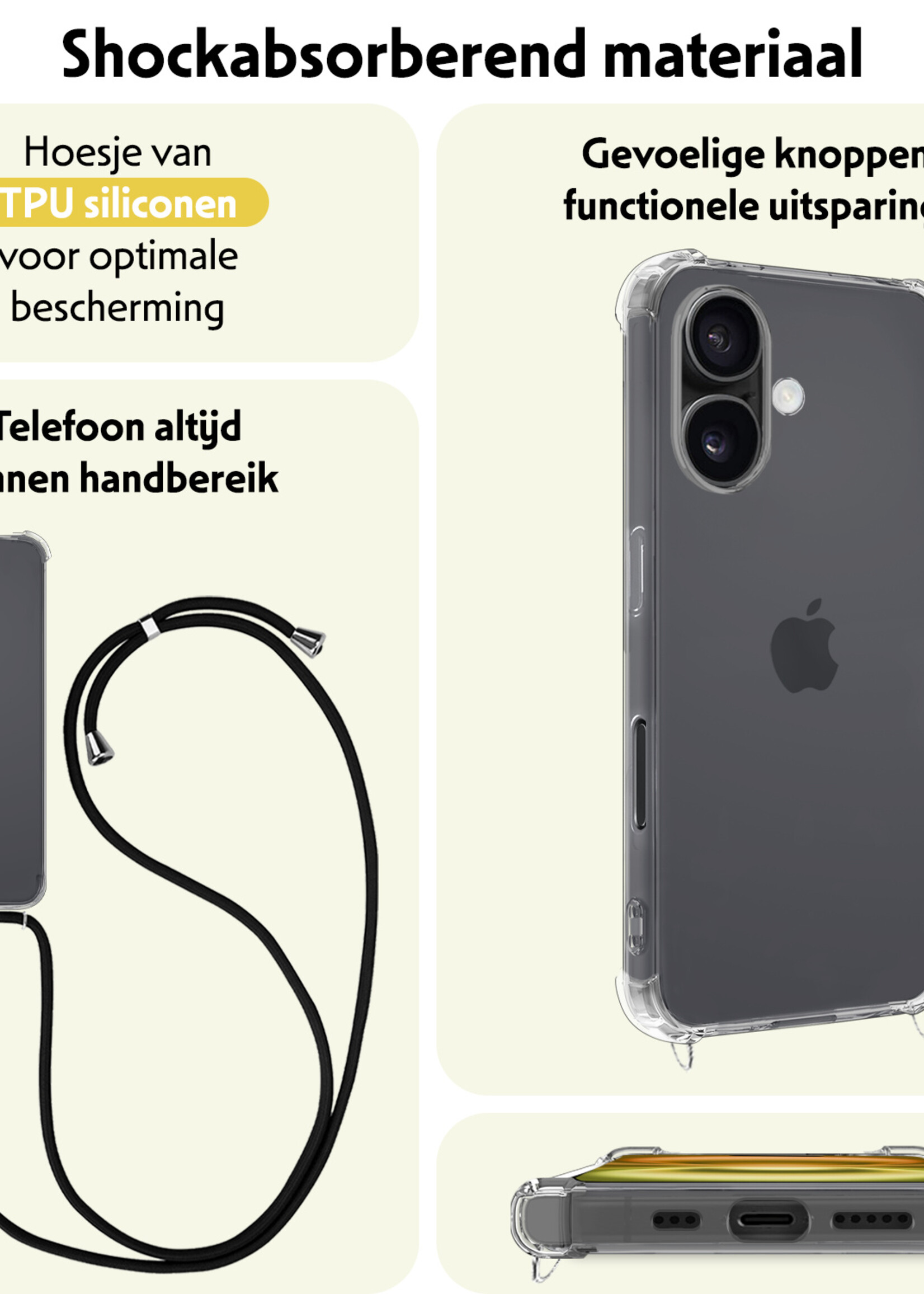 LUQ Hoesje Geschikt voor iPhone 16 Plus Hoesje Shockproof Case Siliconen Hoes Met Koord - Transparant