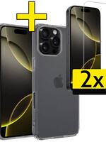 LUQ LUQ iPhone 16 Pro Hoesje Siliconen Met 2x Screenprotector Met Dichte Notch - Transparant