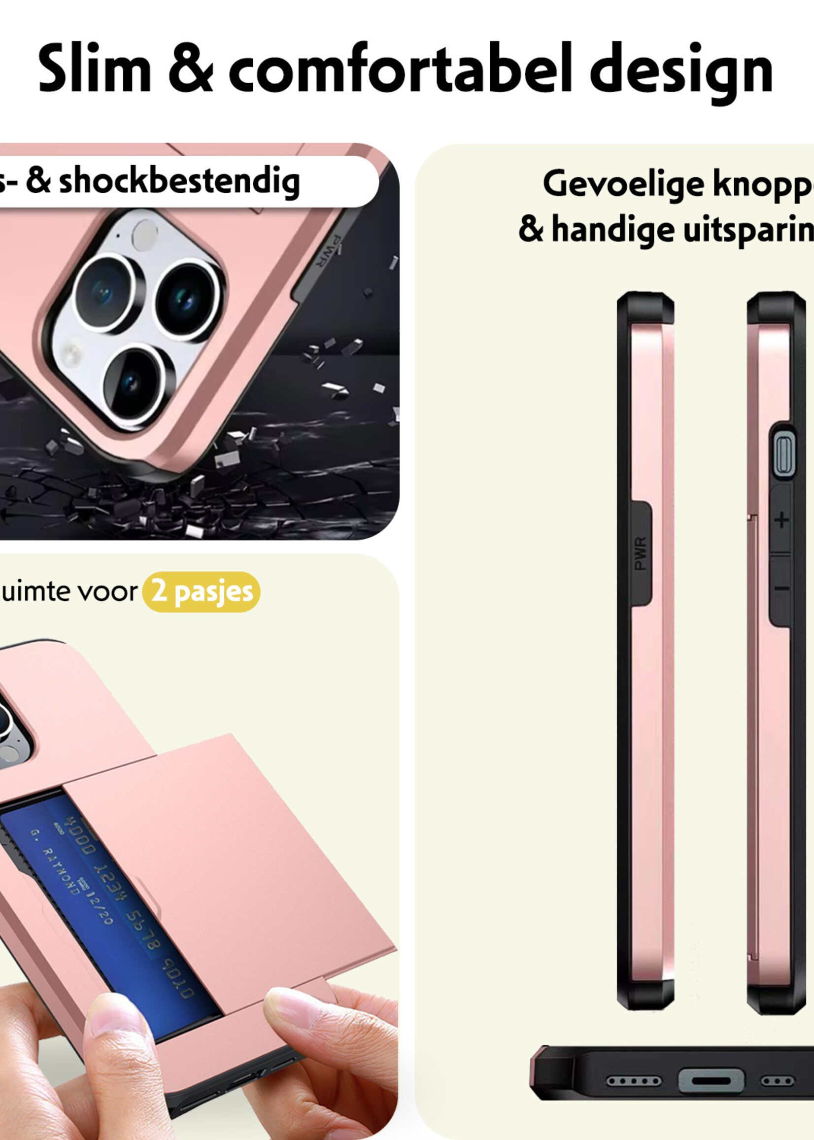 LUQ Hoesje Geschikt voor iPhone 16 Pro Hoesje Case Pashouder Hard Cover - Hoes Geschikt voor iPhone 16 Pro Hoesje Met Kaarthouder - Rosé goud
