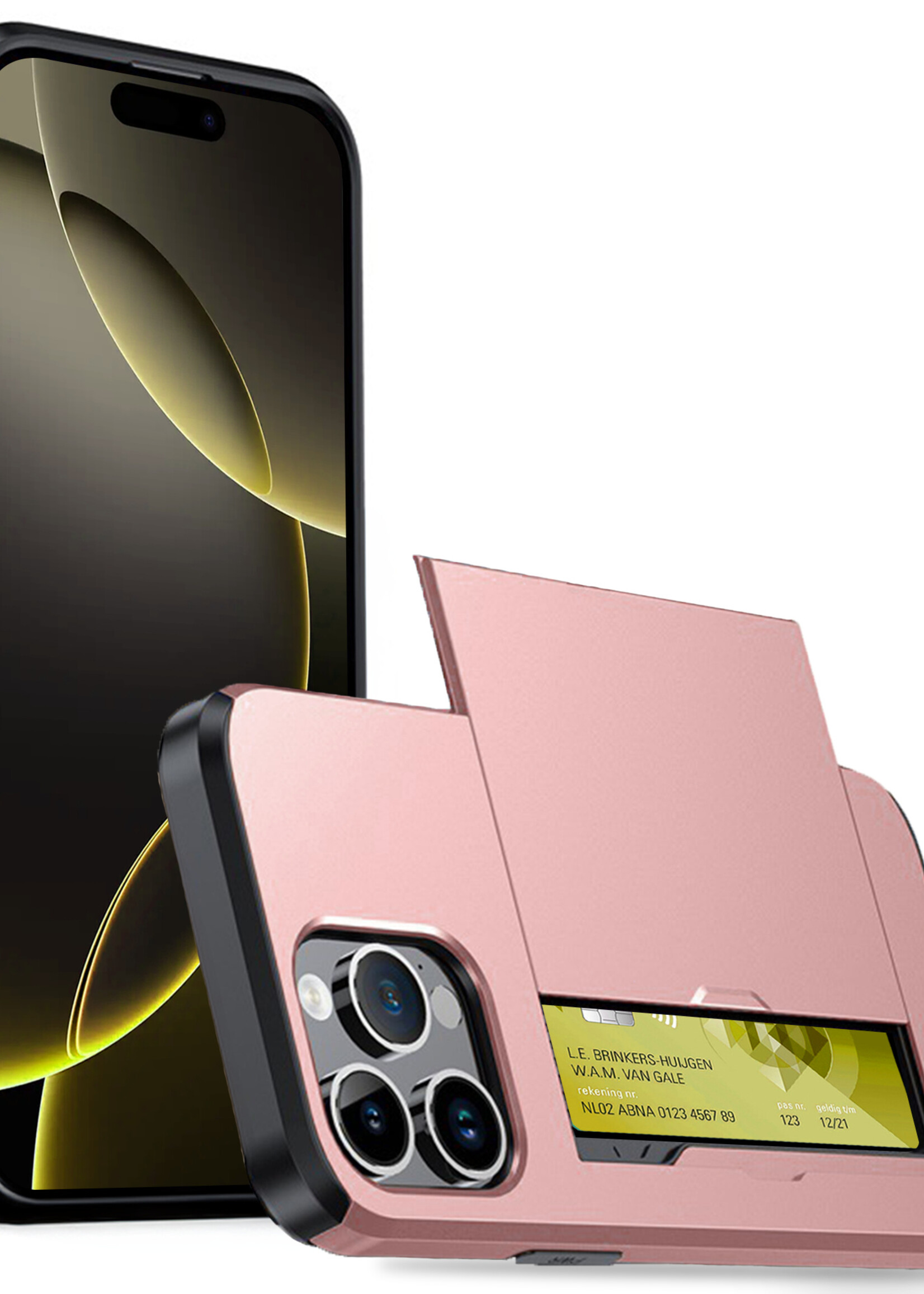 LUQ Hoesje Geschikt voor iPhone 16 Pro Max Hoesje Case Pashouder Hard Cover - Hoes Geschikt voor iPhone 16 Pro Max Hoesje Met Kaarthouder - Rosé goud