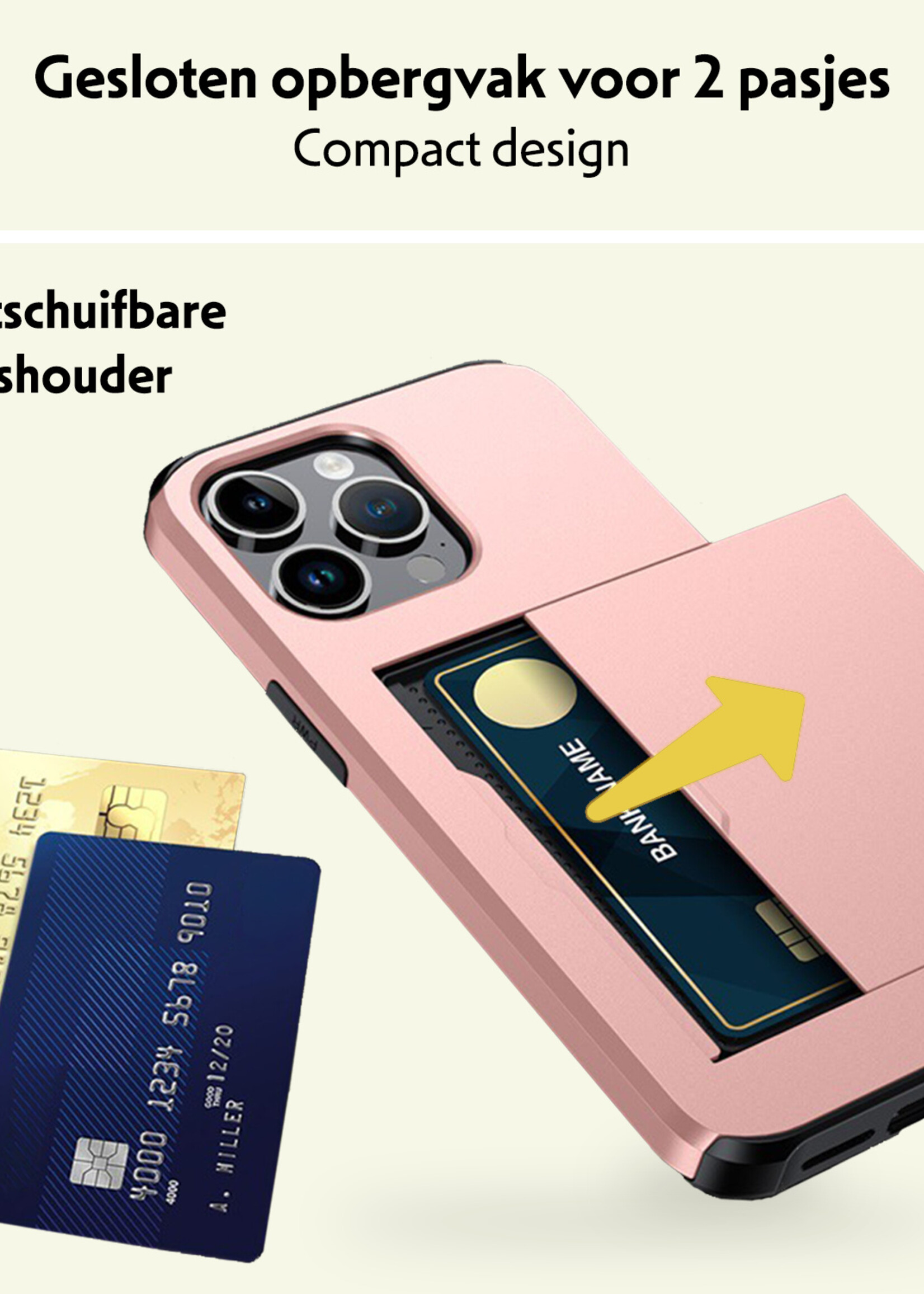 LUQ Hoesje Geschikt voor iPhone 16 Pro Max Hoesje Case Pashouder Hard Cover - Hoes Geschikt voor iPhone 16 Pro Max Hoesje Met Kaarthouder - Rosé goud