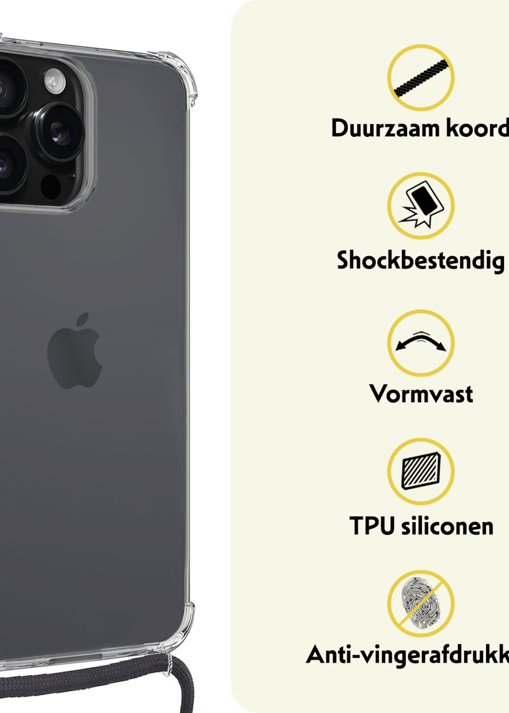 LUQ Hoesje Geschikt voor iPhone 16 Pro Hoesje Shockproof Case Siliconen Hoes Met Koord - Transparant