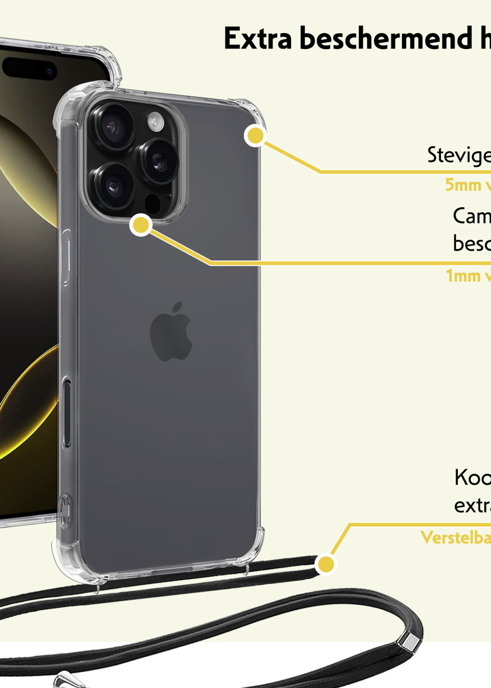 LUQ Hoesje Geschikt voor iPhone 16 Pro Max Hoesje Shockproof Case Siliconen Hoes Met Koord - Transparant