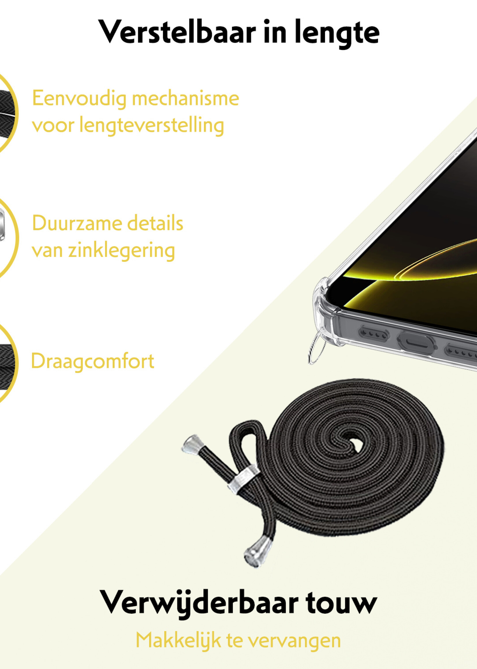 LUQ Hoesje Geschikt voor iPhone 16 Pro Max Hoesje Shockproof Case Siliconen Hoes Met Koord - Transparant