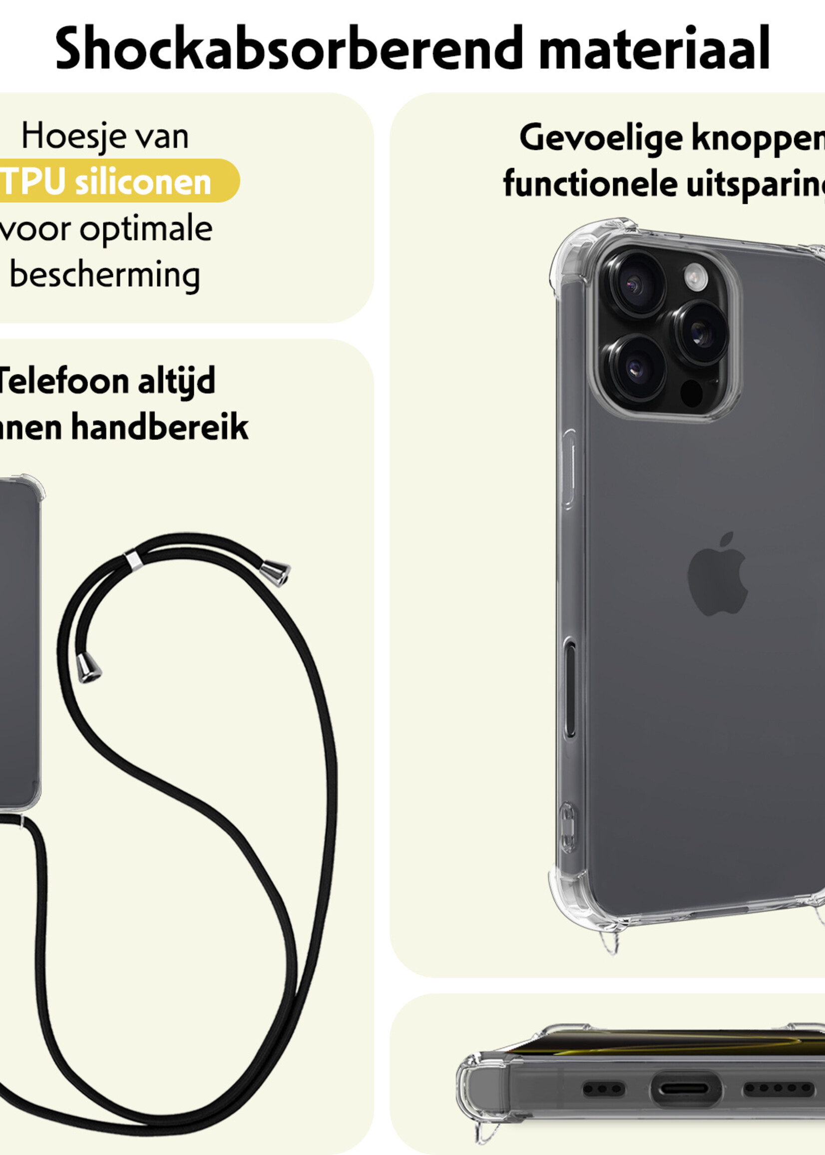 LUQ Hoesje Geschikt voor iPhone 16 Pro Max Hoesje Shockproof Case Siliconen Hoes Met Koord - Transparant