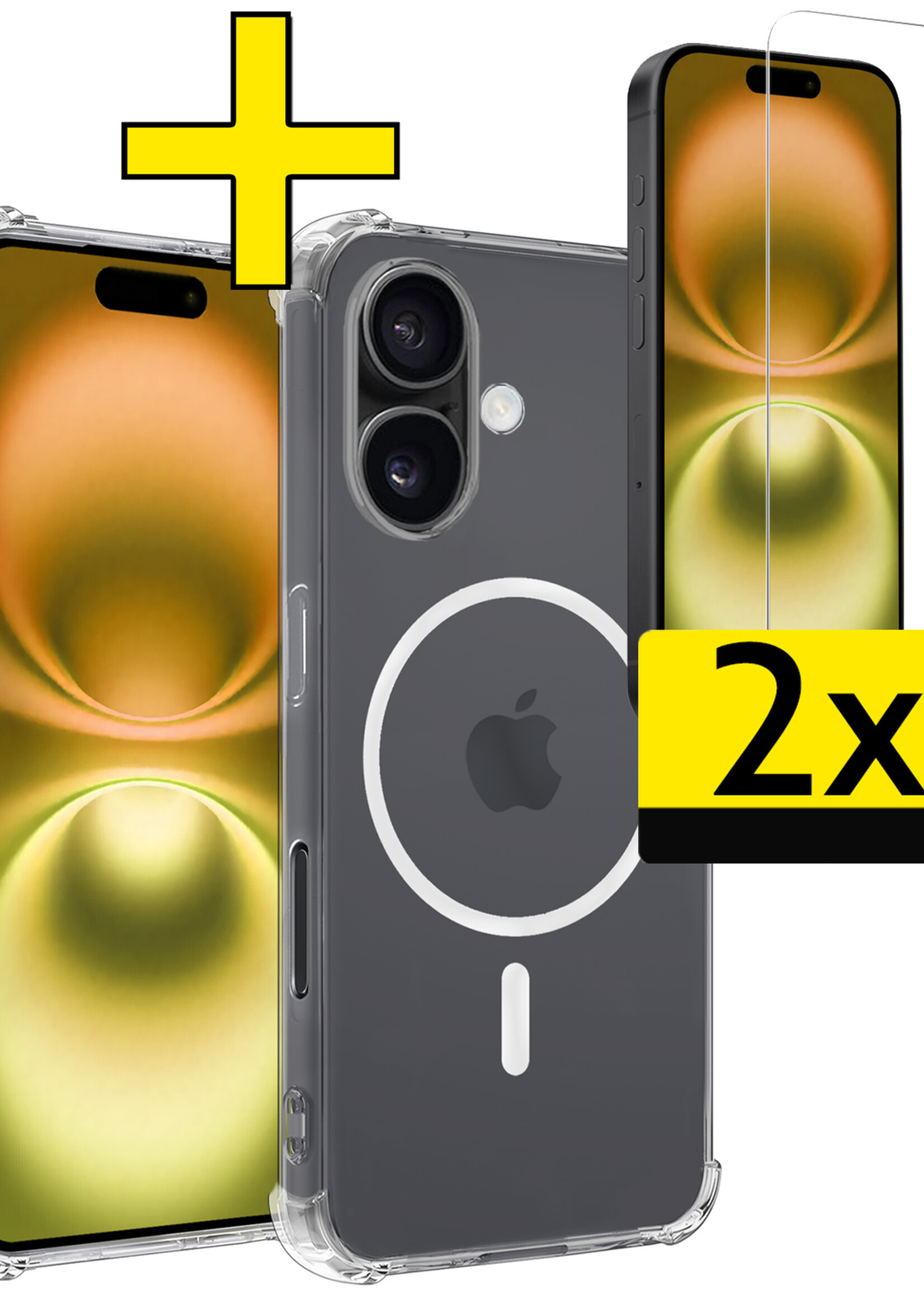 LUQ Hoesje Geschikt voor iPhone 16 Hoesje Geschikt voor Magsafe Siliconen Shock Proof Case Met 2x Screenprotector - Transparant