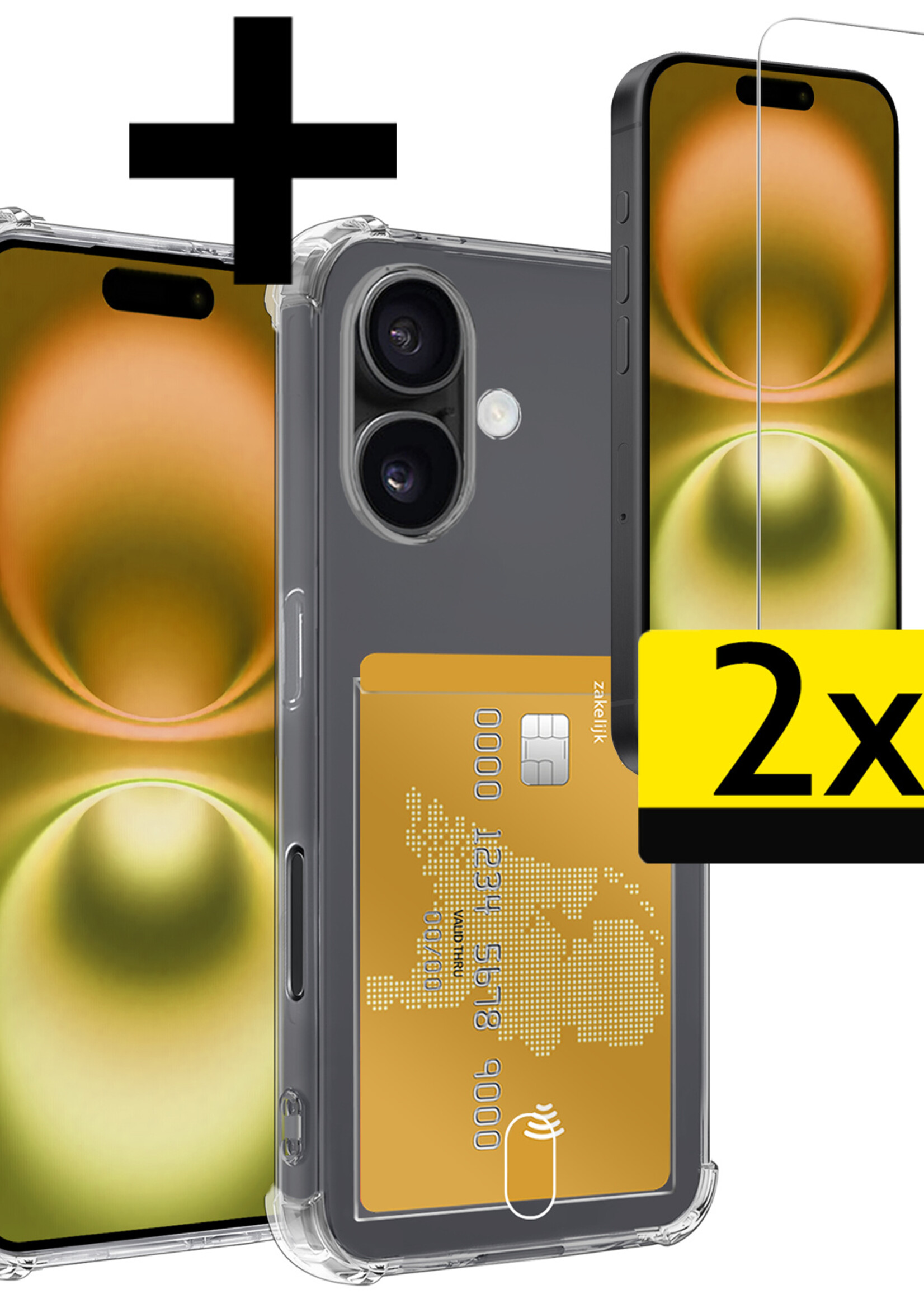 LUQ Hoesje Geschikt voor iPhone 16 Hoesje Shockproof Case Siliconen Met 2x Screenprotector - Hoes Geschikt voor iPhone 16 Hoes Cover Siliconen - Transparant