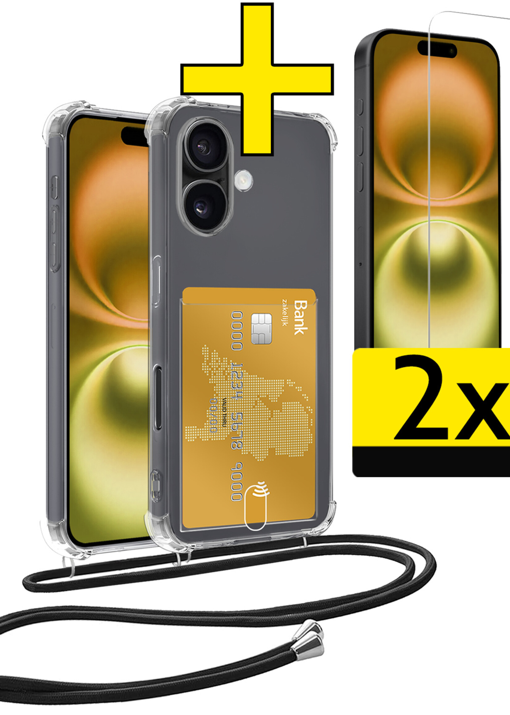 LUQ Hoesje Geschikt voor iPhone 16 Telefoonhoesje Met Koord Case Pashouder Met 2x Screenprotector Siliconen - Hoes Geschikt voor iPhone 16 Hoesje Met Kaarthouder - Transparant