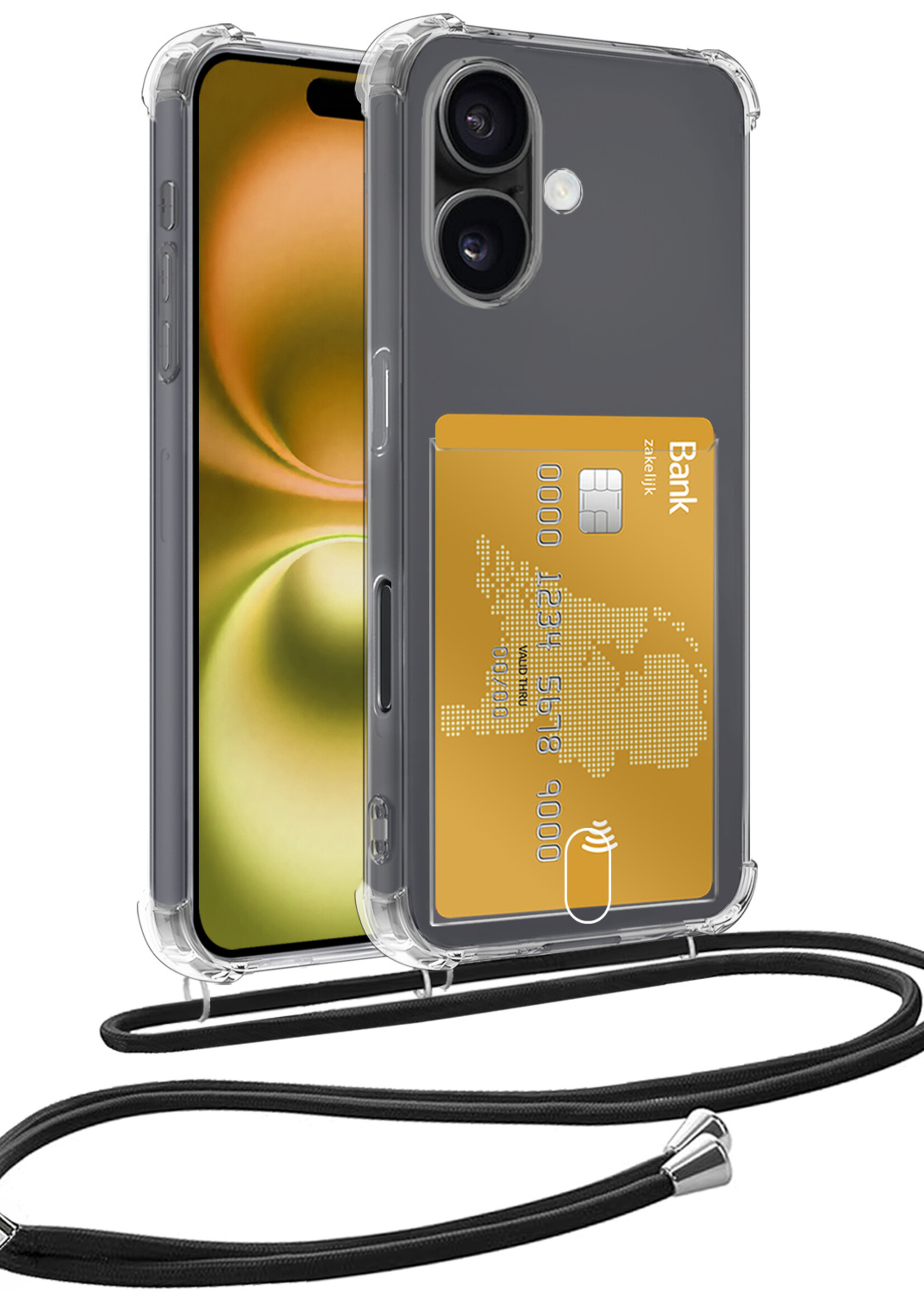 LUQ Hoesje Geschikt voor iPhone 16 Plus Telefoonhoesje Met Koord Case Pashouder Siliconen - Hoes Geschikt voor iPhone 16 Plus Hoesje Met Kaarthouder - Transparant