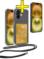 LUQ LUQ iPhone 16 Plus Hoesje Pashouder met Koord Met Screenprotector