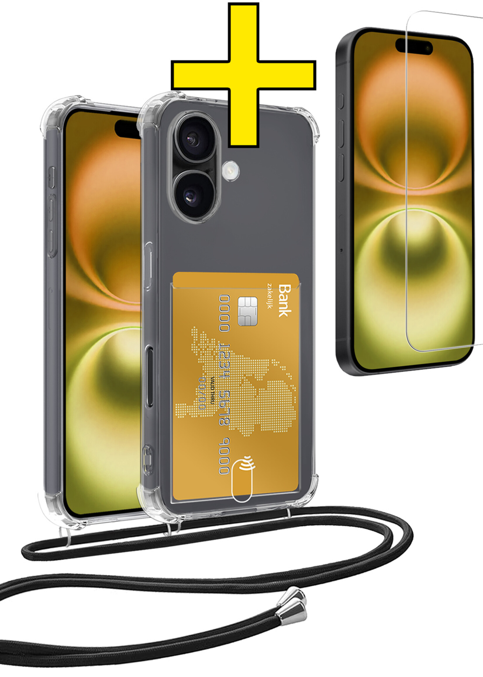 LUQ Hoesje Geschikt voor iPhone 16 Plus Telefoonhoesje Met Koord Case Pashouder Met Screenprotector Siliconen - Hoes Geschikt voor iPhone 16 Plus Hoesje Met Kaarthouder - Transparant