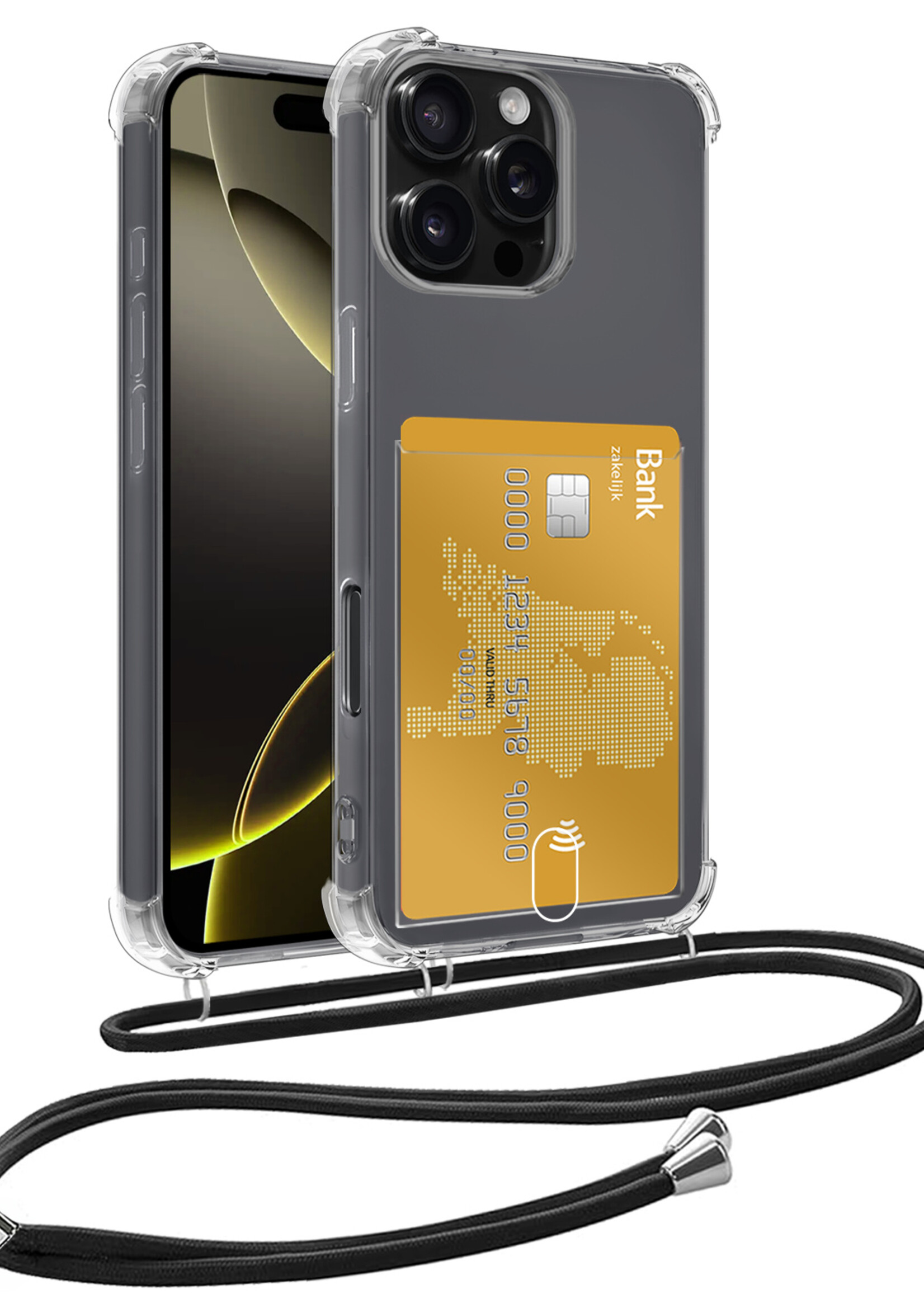 LUQ Hoesje Geschikt voor iPhone 16 Pro Telefoonhoesje Met Koord Case Pashouder Siliconen - Hoes Geschikt voor iPhone 16 Pro Hoesje Met Kaarthouder - Transparant