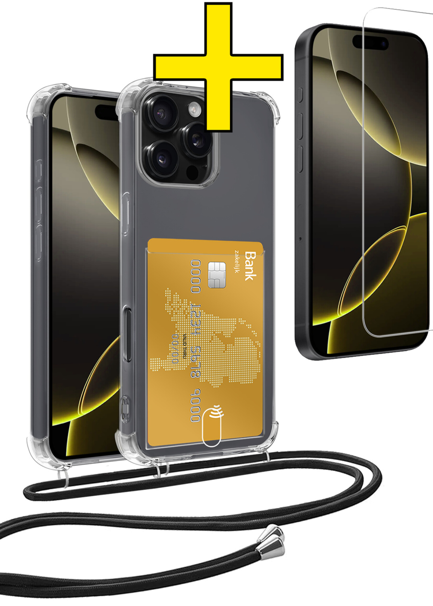 LUQ Hoesje Geschikt voor iPhone 16 Pro Max Telefoonhoesje Met Koord Case Pashouder Met Screenprotector Siliconen - Hoes Geschikt voor iPhone 16 Pro Max Hoesje Met Kaarthouder - Transparant