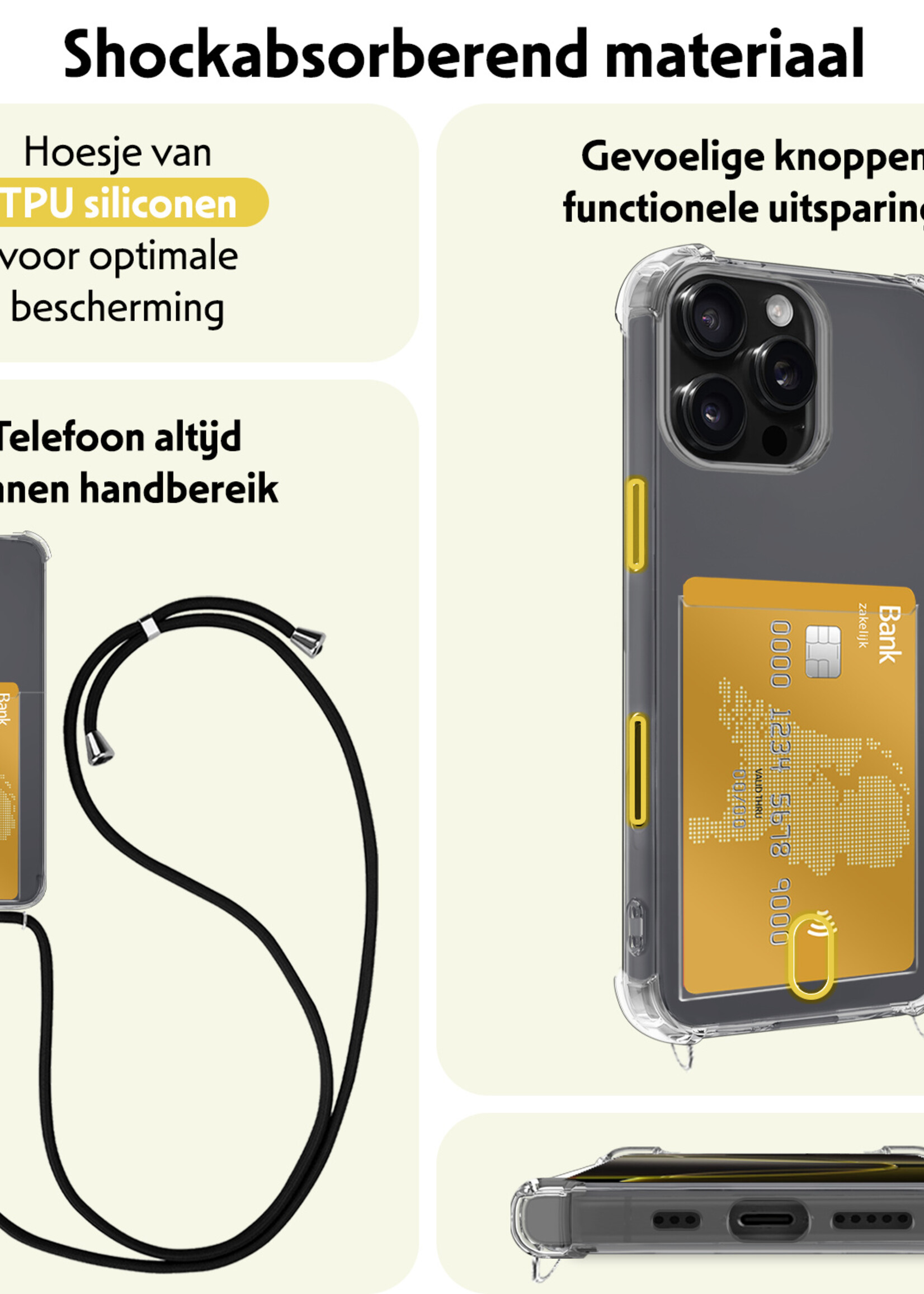 LUQ Hoesje Geschikt voor iPhone 16 Pro Max Telefoonhoesje Met Koord Case Pashouder Met Screenprotector Siliconen - Hoes Geschikt voor iPhone 16 Pro Max Hoesje Met Kaarthouder - Transparant