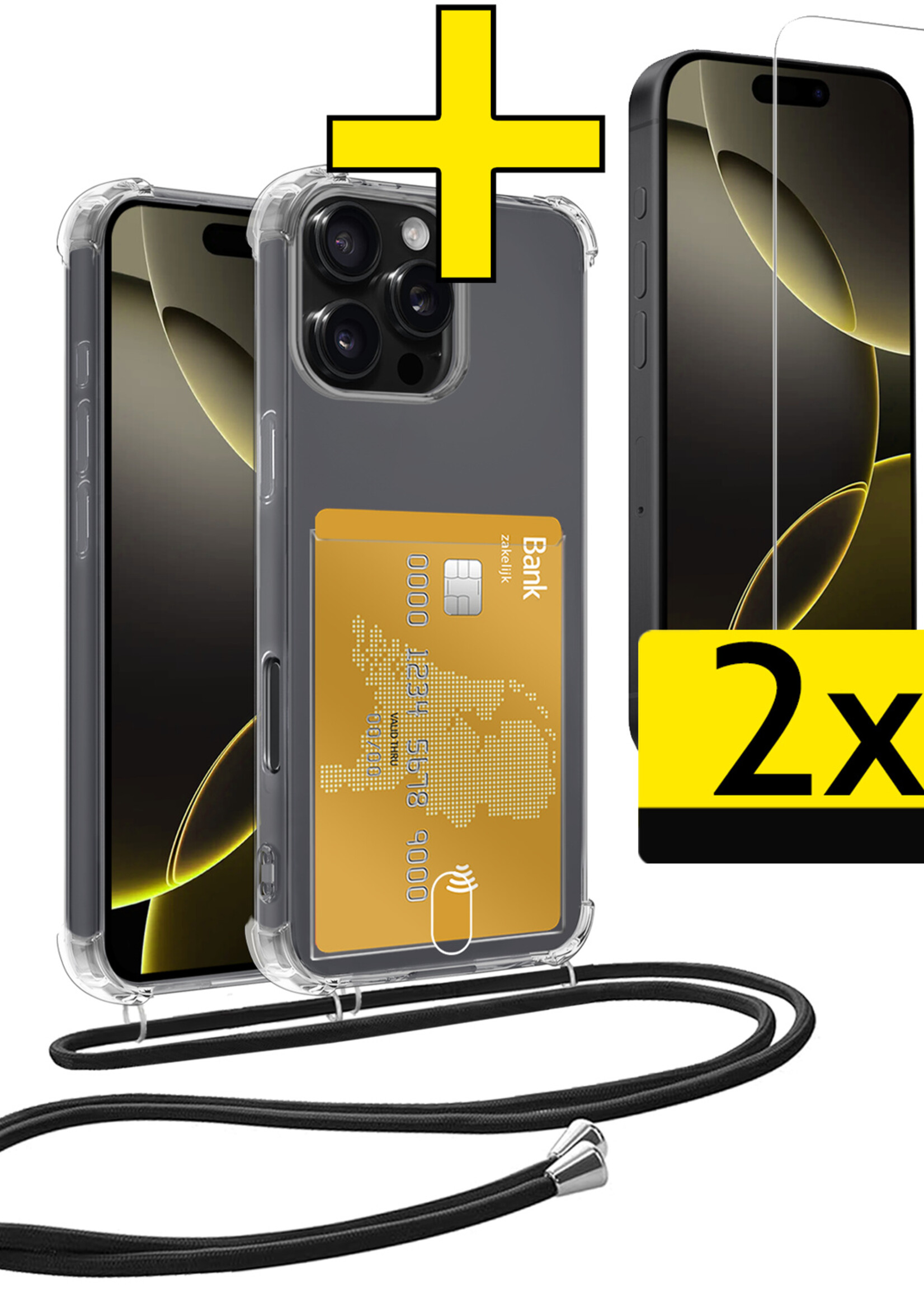 LUQ Hoesje Geschikt voor iPhone 16 Pro Max Telefoonhoesje Met Koord Case Pashouder Met 2x Screenprotector Siliconen - Hoes Geschikt voor iPhone 16 Pro Max Hoesje Met Kaarthouder - Transparant