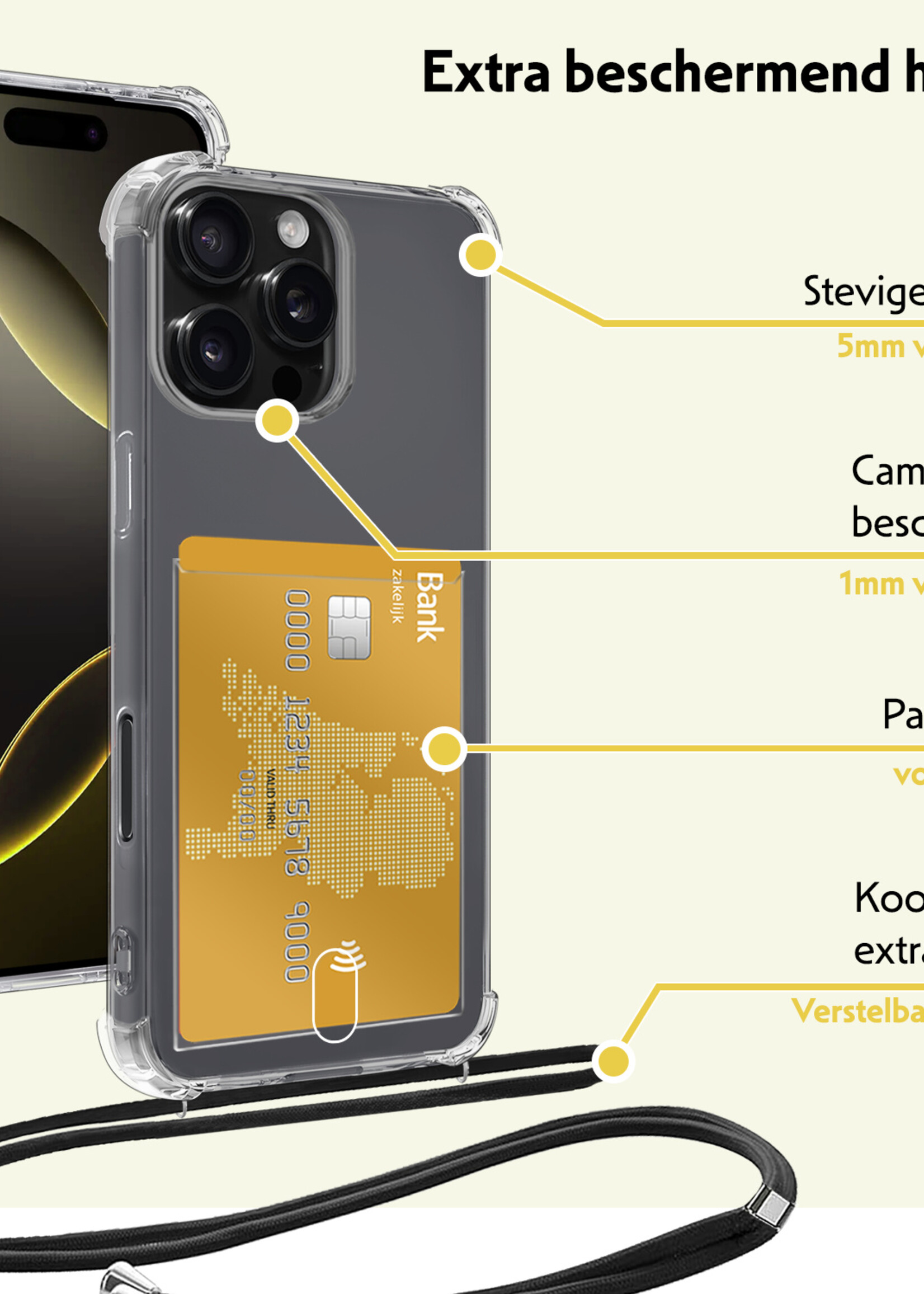 LUQ Hoesje Geschikt voor iPhone 16 Pro Max Telefoonhoesje Met Koord Case Pashouder Met 2x Screenprotector Siliconen - Hoes Geschikt voor iPhone 16 Pro Max Hoesje Met Kaarthouder - Transparant