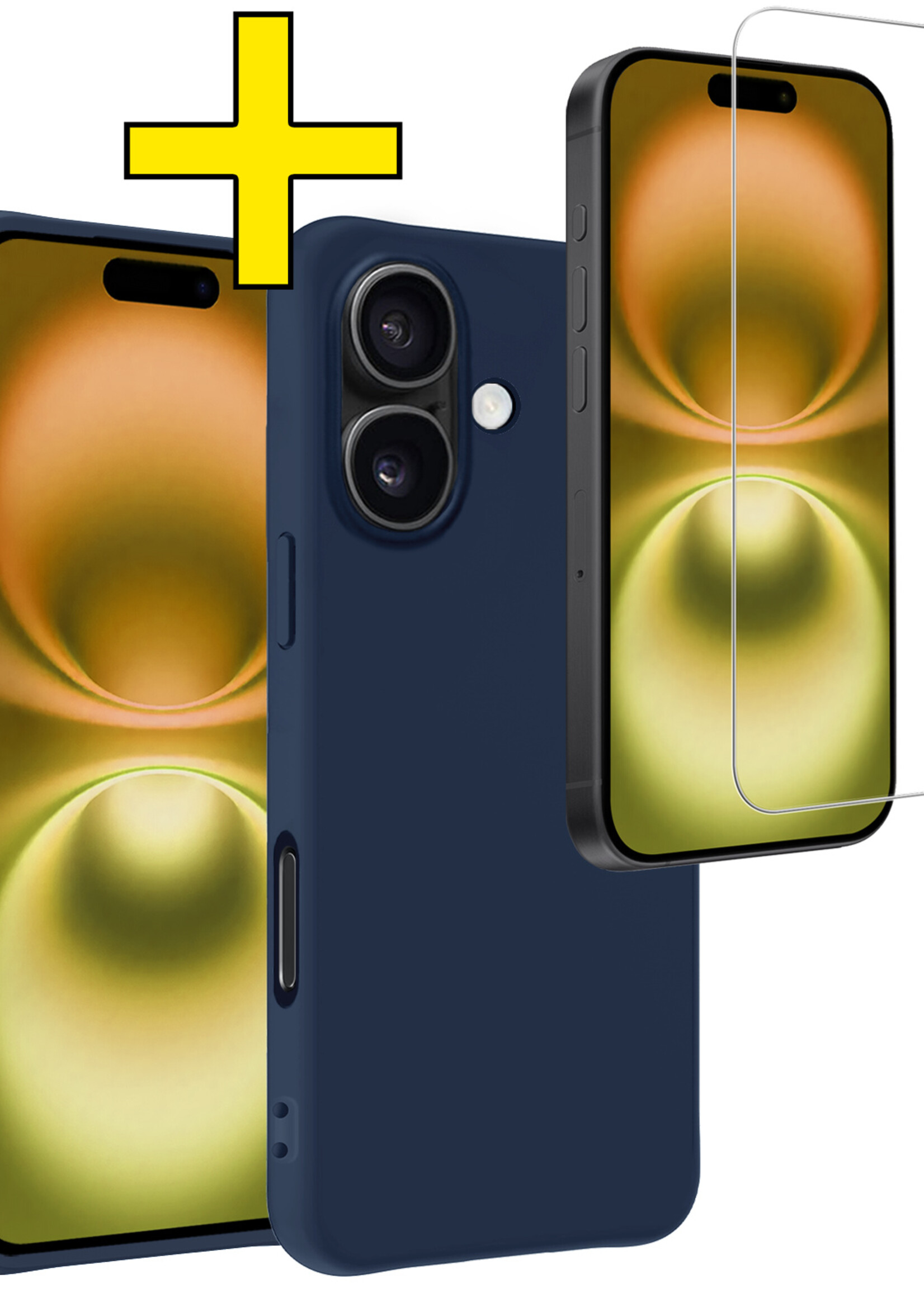 LUQ Hoesje Geschikt voor iPhone 16 Hoesje Siliconen Case Met Screenprotector - Hoes Geschikt voor iPhone 16 Hoes Siliconen - Donkerblauw