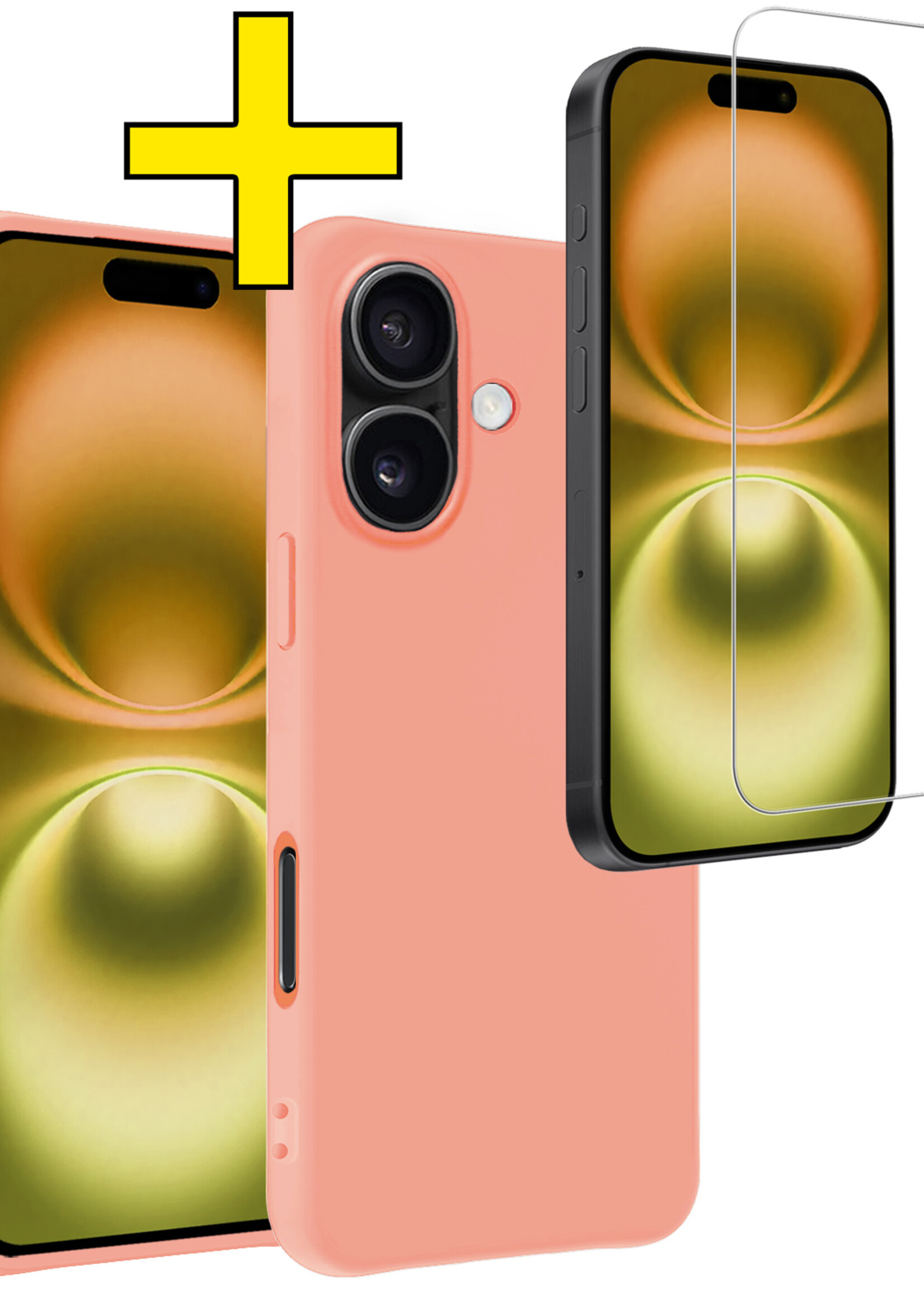 LUQ Hoesje Geschikt voor iPhone 16 Hoesje Siliconen Case Met Screenprotector - Hoes Geschikt voor iPhone 16 Hoes Siliconen - Perzik