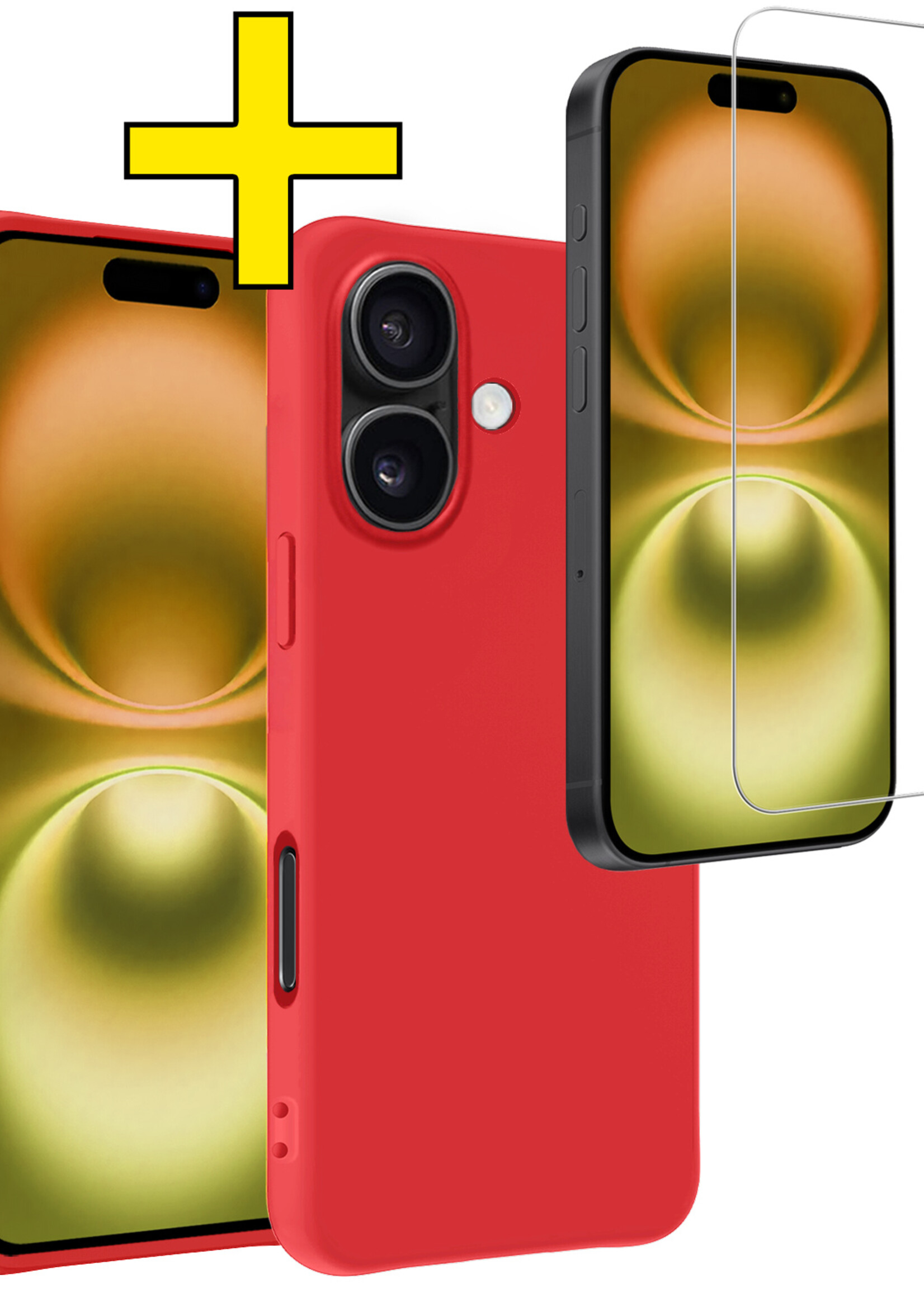 LUQ Hoesje Geschikt voor iPhone 16 Hoesje Siliconen Case Met Screenprotector - Hoes Geschikt voor iPhone 16 Hoes Siliconen - Rood