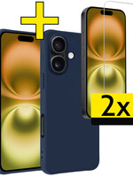 LUQ LUQ iPhone 16 Hoesje Siliconen Met 2x Screenprotector Met Dichte Notch - Donkerblauw