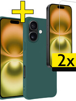 LUQ LUQ iPhone 16 Hoesje Siliconen Met 2x Screenprotector Met Dichte Notch - Donkergroen