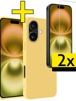 LUQ LUQ iPhone 16 Hoesje Siliconen Met 2x Screenprotector Met Dichte Notch - Geel