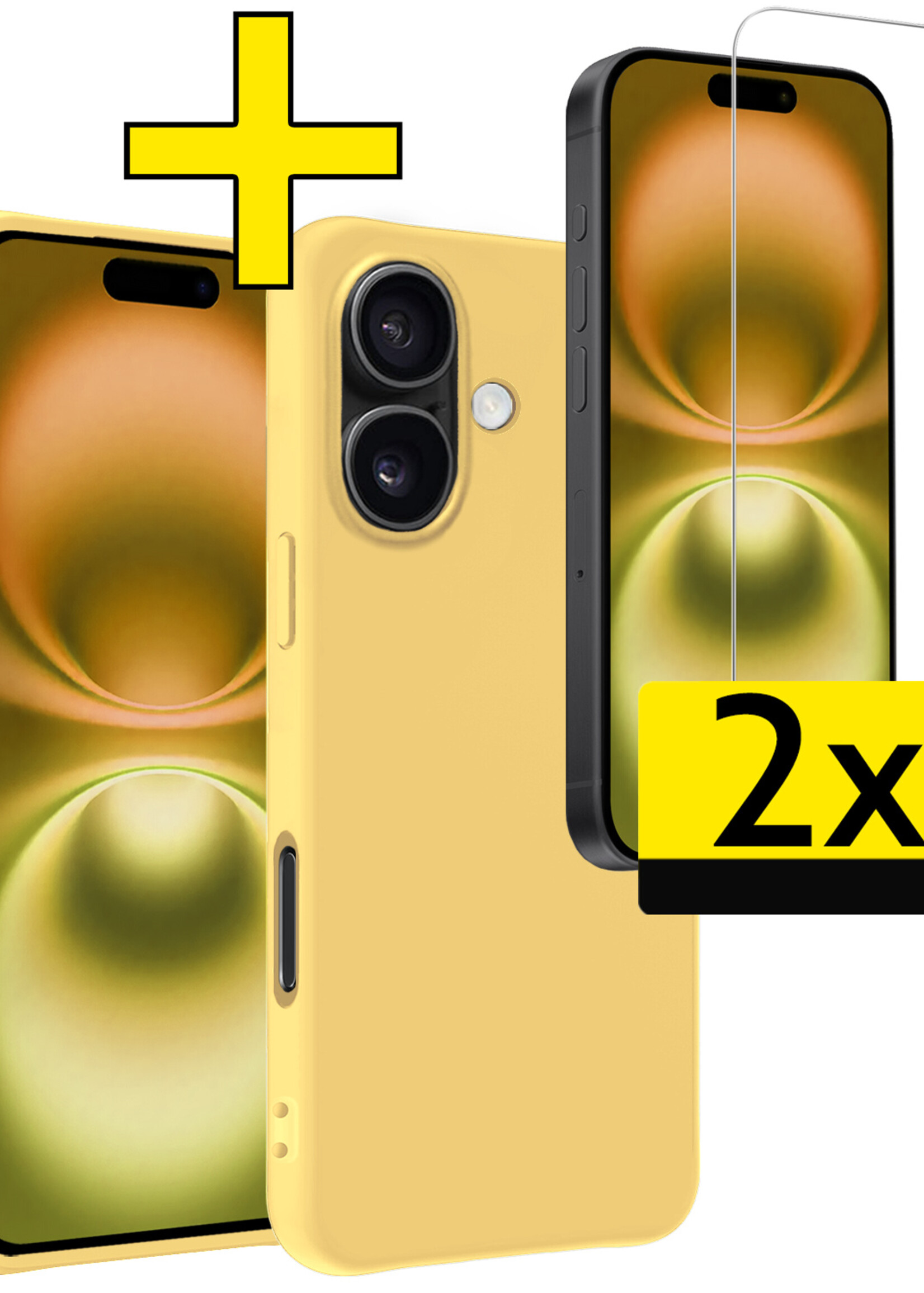 LUQ Hoesje Geschikt voor iPhone 16 Hoesje Siliconen Case Met 2x Screenprotector - Hoes Geschikt voor iPhone 16 Hoes Siliconen - Geel
