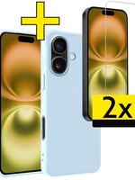 LUQ LUQ iPhone 16 Hoesje Siliconen Met 2x Screenprotector Met Dichte Notch - Lichtblauw