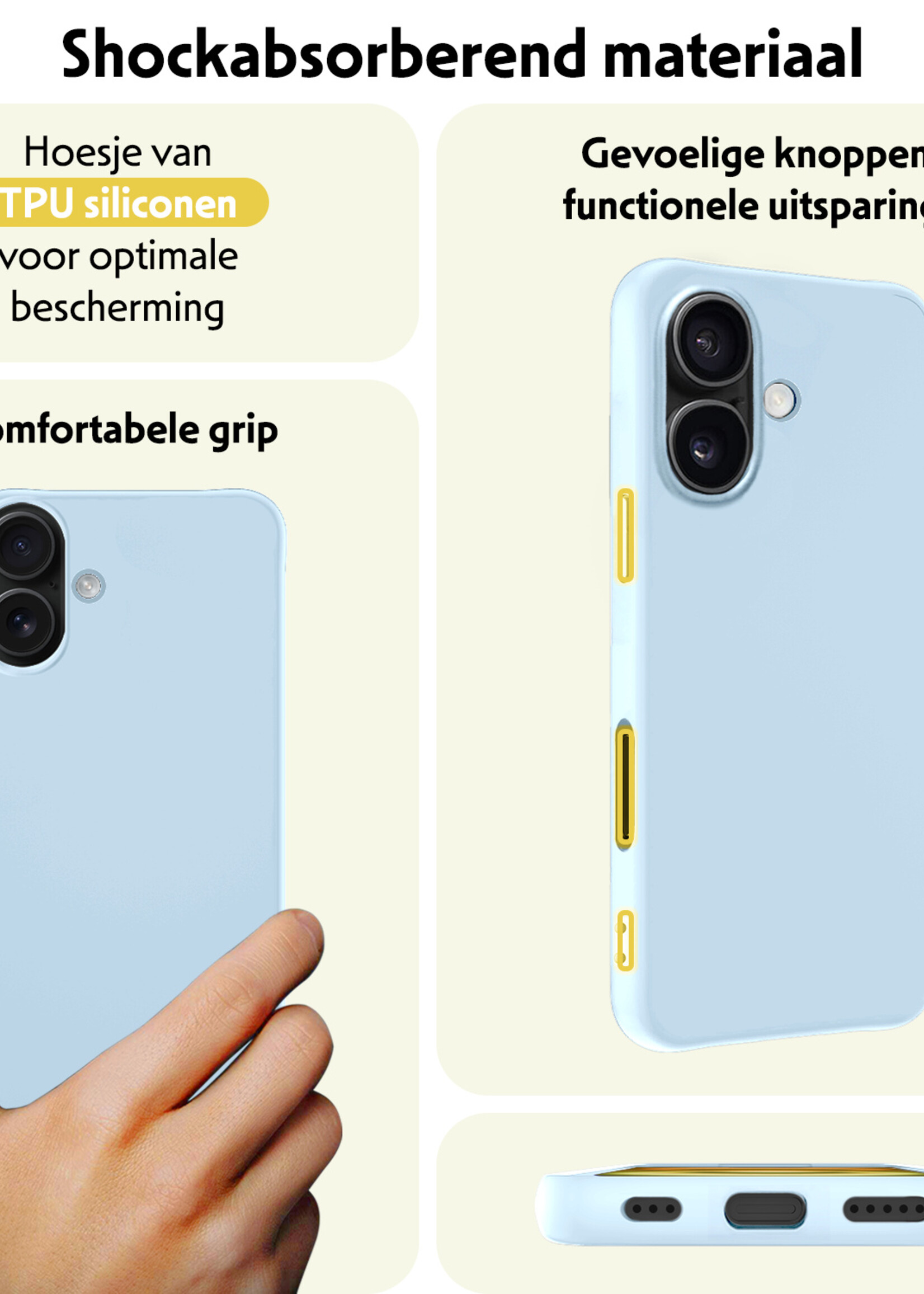LUQ Hoesje Geschikt voor iPhone 16 Hoesje Siliconen Case Met 2x Screenprotector - Hoes Geschikt voor iPhone 16 Hoes Siliconen - Lichtblauw