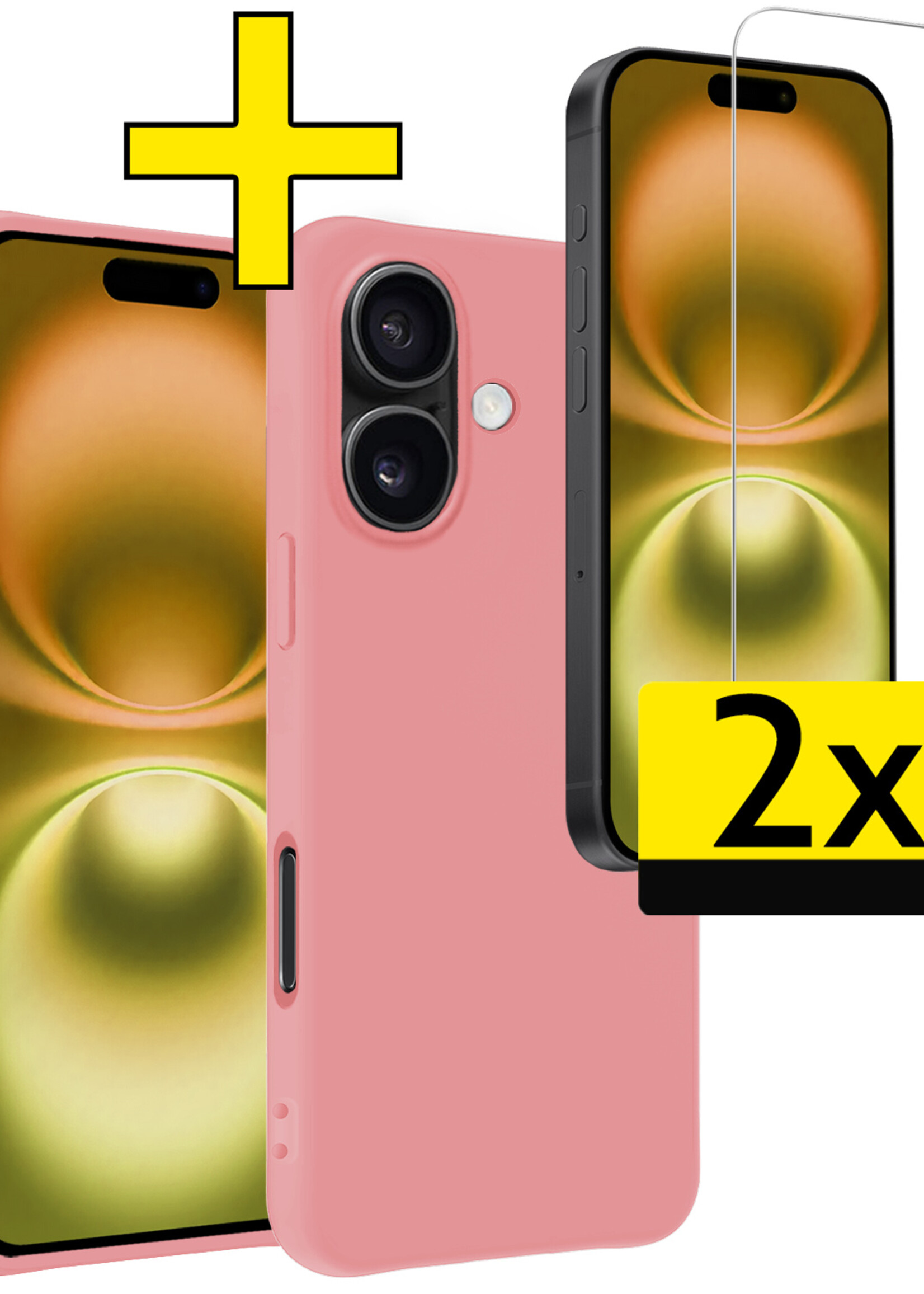 LUQ Hoesje Geschikt voor iPhone 16 Hoesje Siliconen Case Met 2x Screenprotector - Hoes Geschikt voor iPhone 16 Hoes Siliconen - Lichtroze