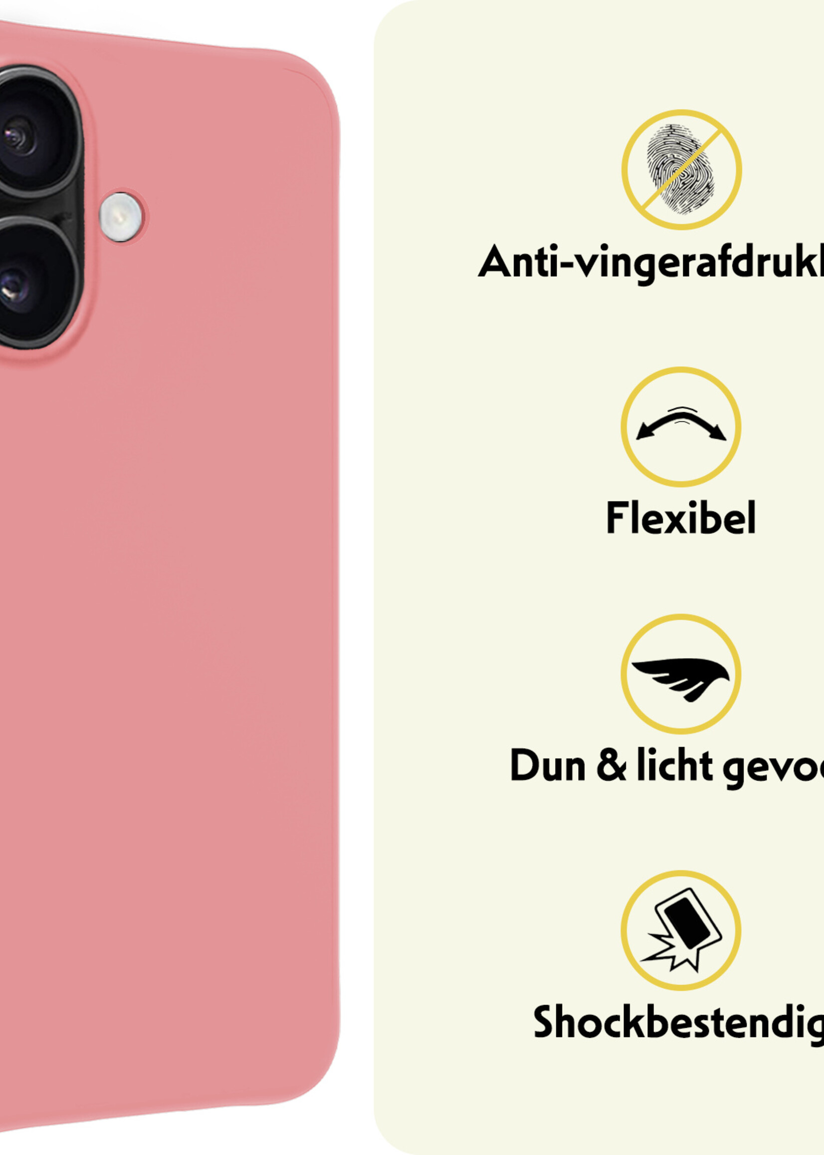 LUQ Hoesje Geschikt voor iPhone 16 Hoesje Siliconen Case Met 2x Screenprotector - Hoes Geschikt voor iPhone 16 Hoes Siliconen - Lichtroze