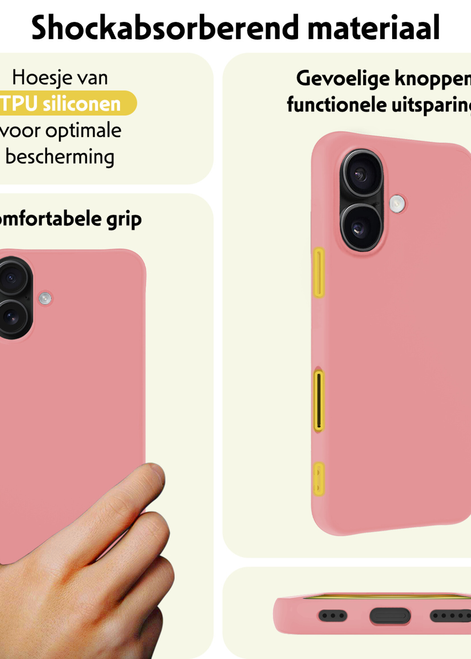 LUQ Hoesje Geschikt voor iPhone 16 Hoesje Siliconen Case Met 2x Screenprotector - Hoes Geschikt voor iPhone 16 Hoes Siliconen - Lichtroze