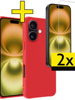 LUQ LUQ iPhone 16 Hoesje Siliconen Met 2x Screenprotector Met Dichte Notch - Rood