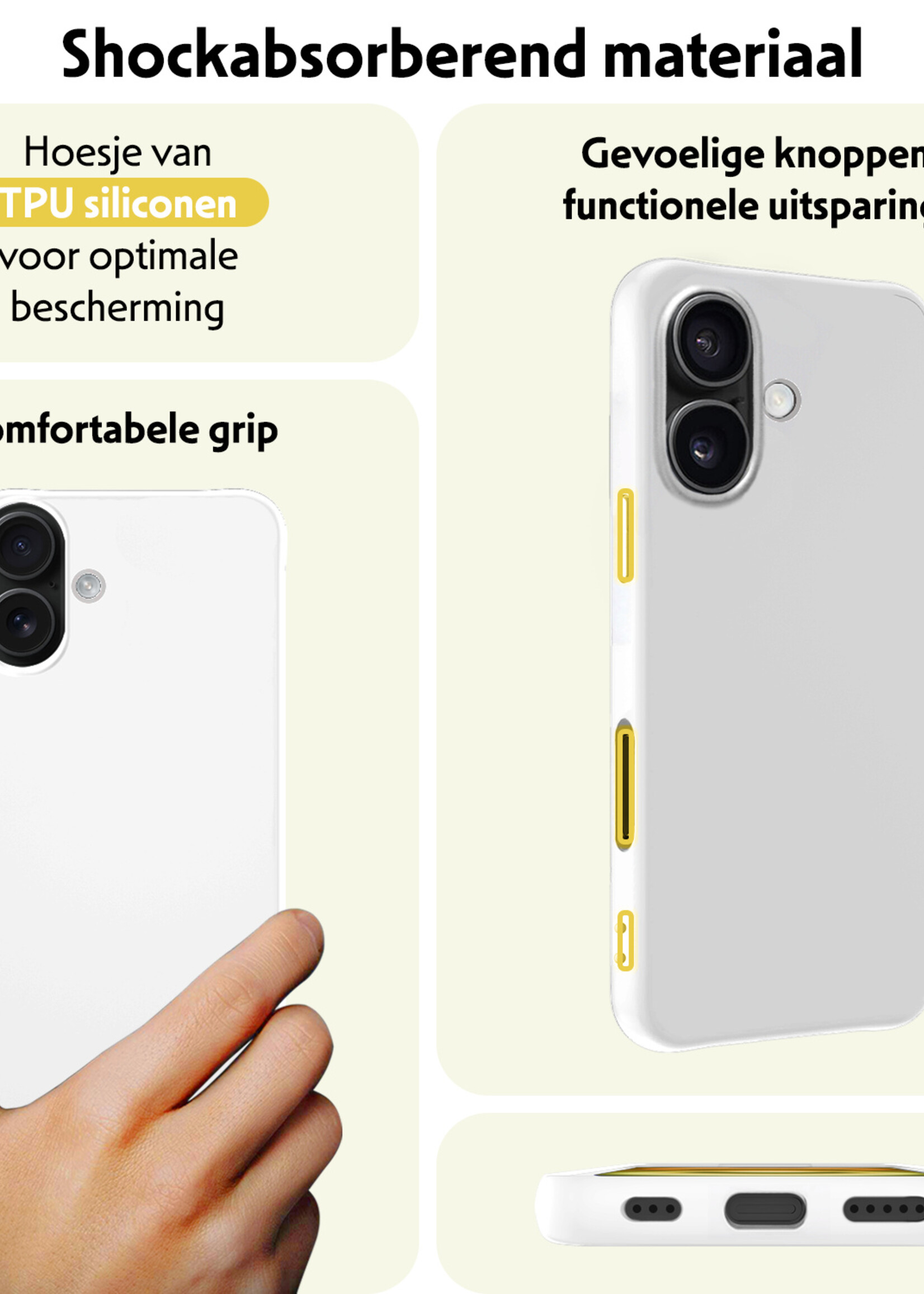 LUQ Hoesje Geschikt voor iPhone 16 Hoesje Siliconen Case Met 2x Screenprotector - Hoes Geschikt voor iPhone 16 Hoes Siliconen - Wit