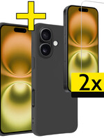 LUQ LUQ iPhone 16 Hoesje Siliconen Met 2x Screenprotector Met Dichte Notch - Zwart