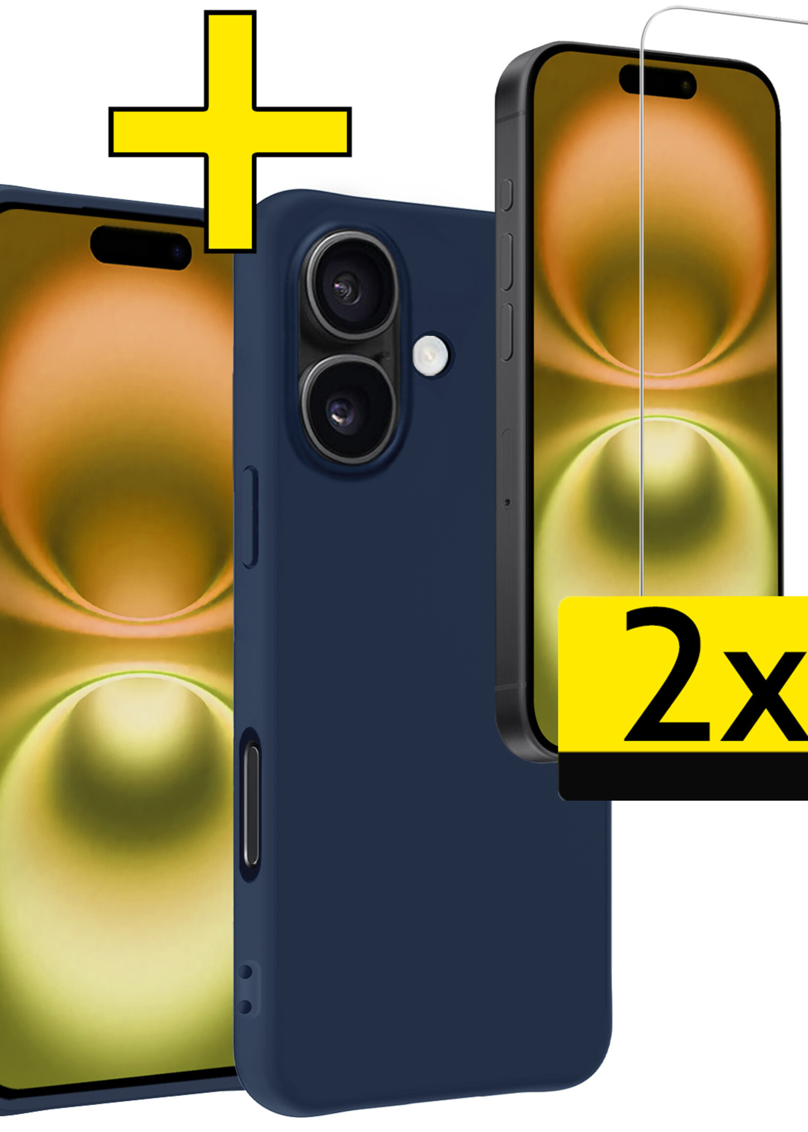 LUQ Hoesje Geschikt voor iPhone 16 Plus Hoesje Siliconen Case Met 2x Screenprotector - Hoes Geschikt voor iPhone 16 Plus Hoes Siliconen - Donkerblauw
