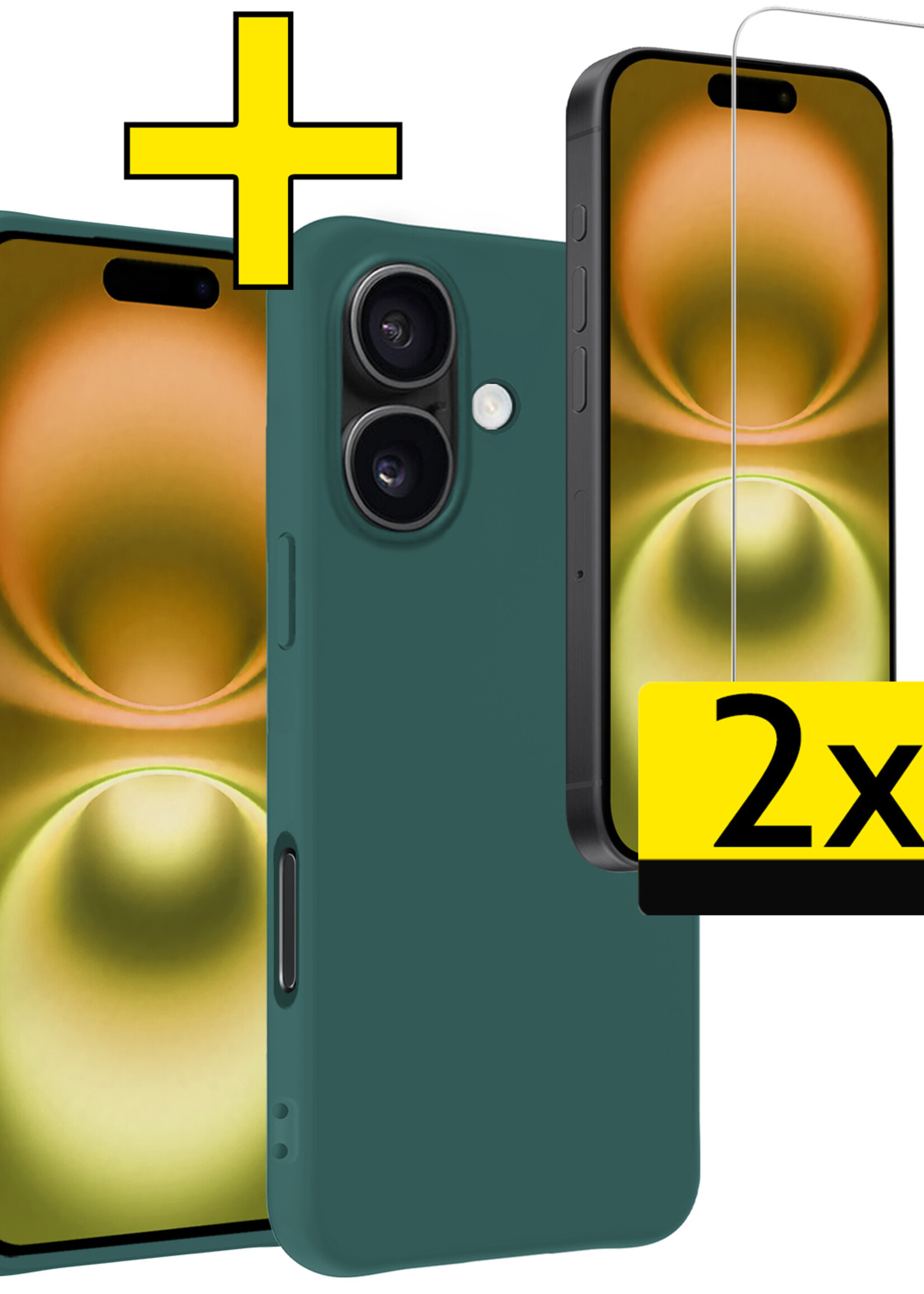 LUQ Hoesje Geschikt voor iPhone 16 Plus Hoesje Siliconen Case Met 2x Screenprotector - Hoes Geschikt voor iPhone 16 Plus Hoes Siliconen - Donkergroen