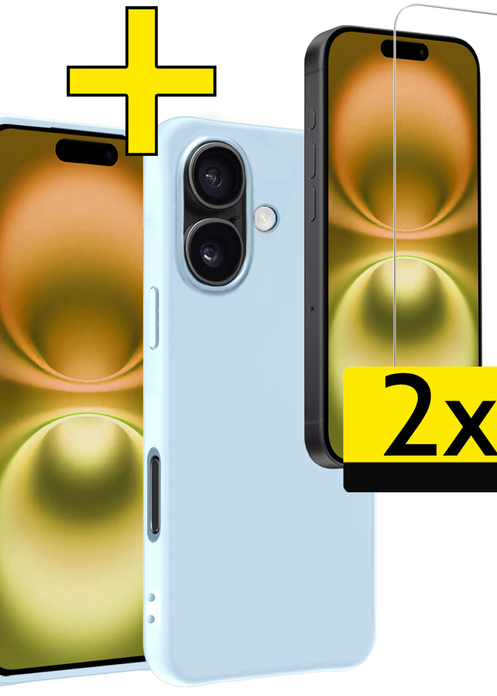 LUQ Hoesje Geschikt voor iPhone 16 Plus Hoesje Siliconen Case Met 2x Screenprotector - Hoes Geschikt voor iPhone 16 Plus Hoes Siliconen - Lichtblauw