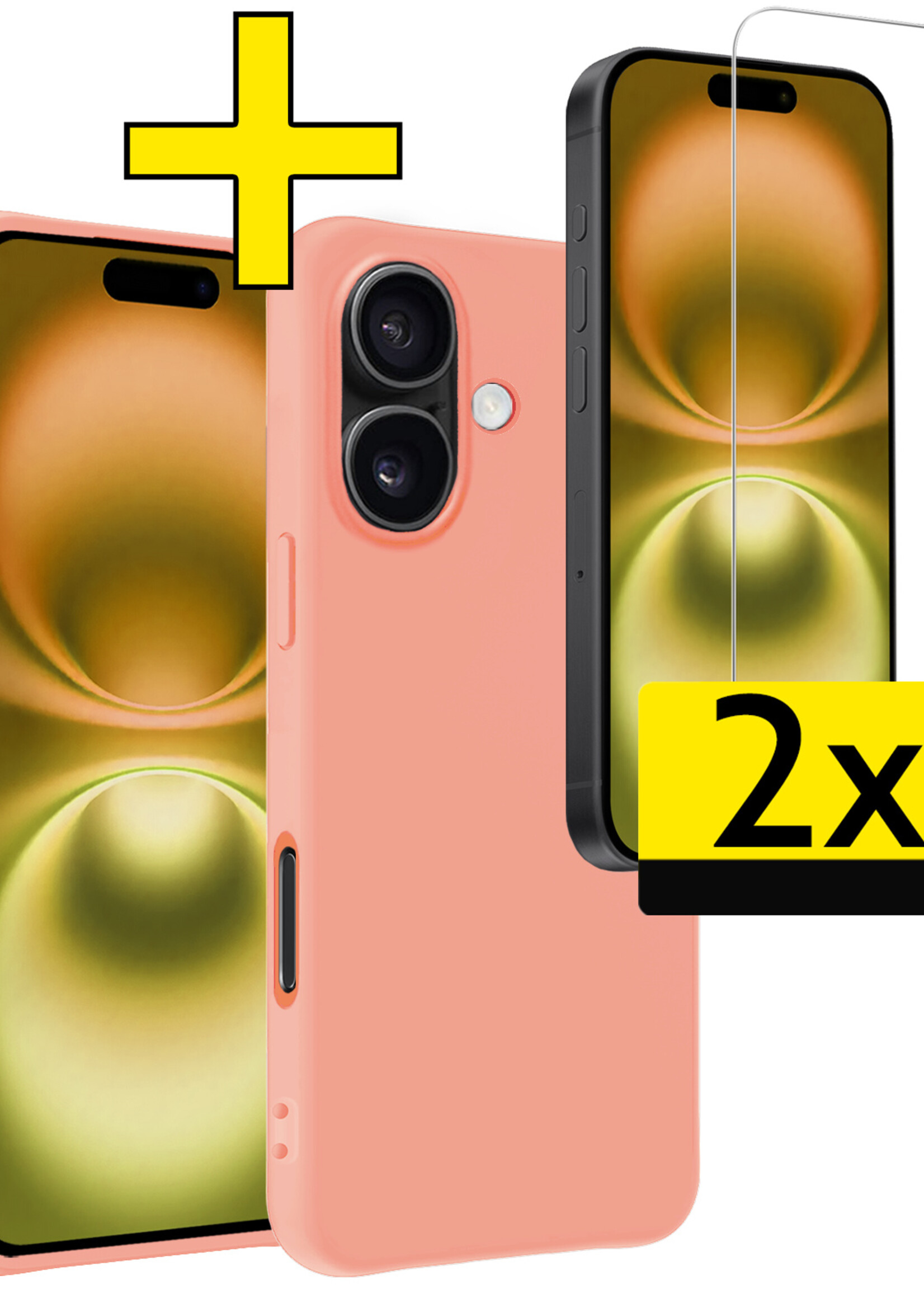 LUQ Hoesje Geschikt voor iPhone 16 Plus Hoesje Siliconen Case Met 2x Screenprotector - Hoes Geschikt voor iPhone 16 Plus Hoes Siliconen - Perzik