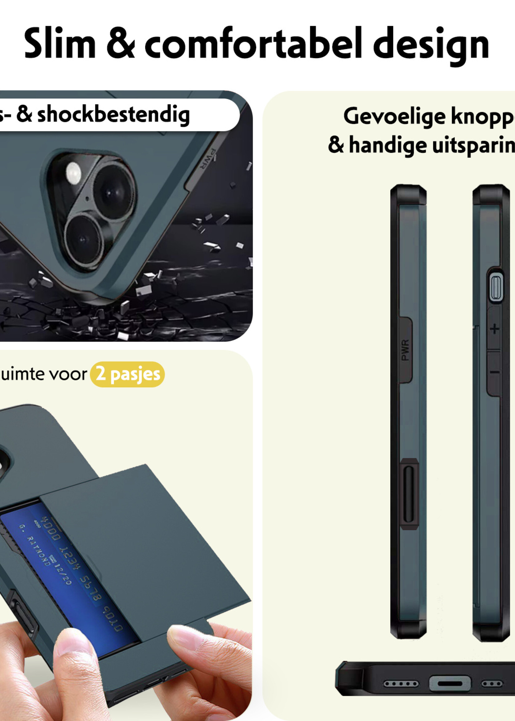 LUQ Hoesje Geschikt voor iPhone 16 Hoesje Case Pashouder Hard Cover - Hoes Geschikt voor iPhone 16 Hoesje Met Kaarthouder - Donkerblauw