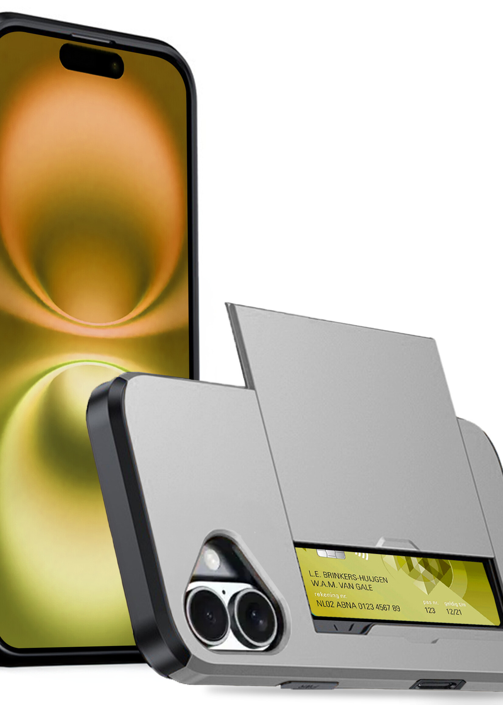 LUQ Hoesje Geschikt voor iPhone 16 Hoesje Case Pashouder Hard Cover - Hoes Geschikt voor iPhone 16 Hoesje Met Kaarthouder - Grijs