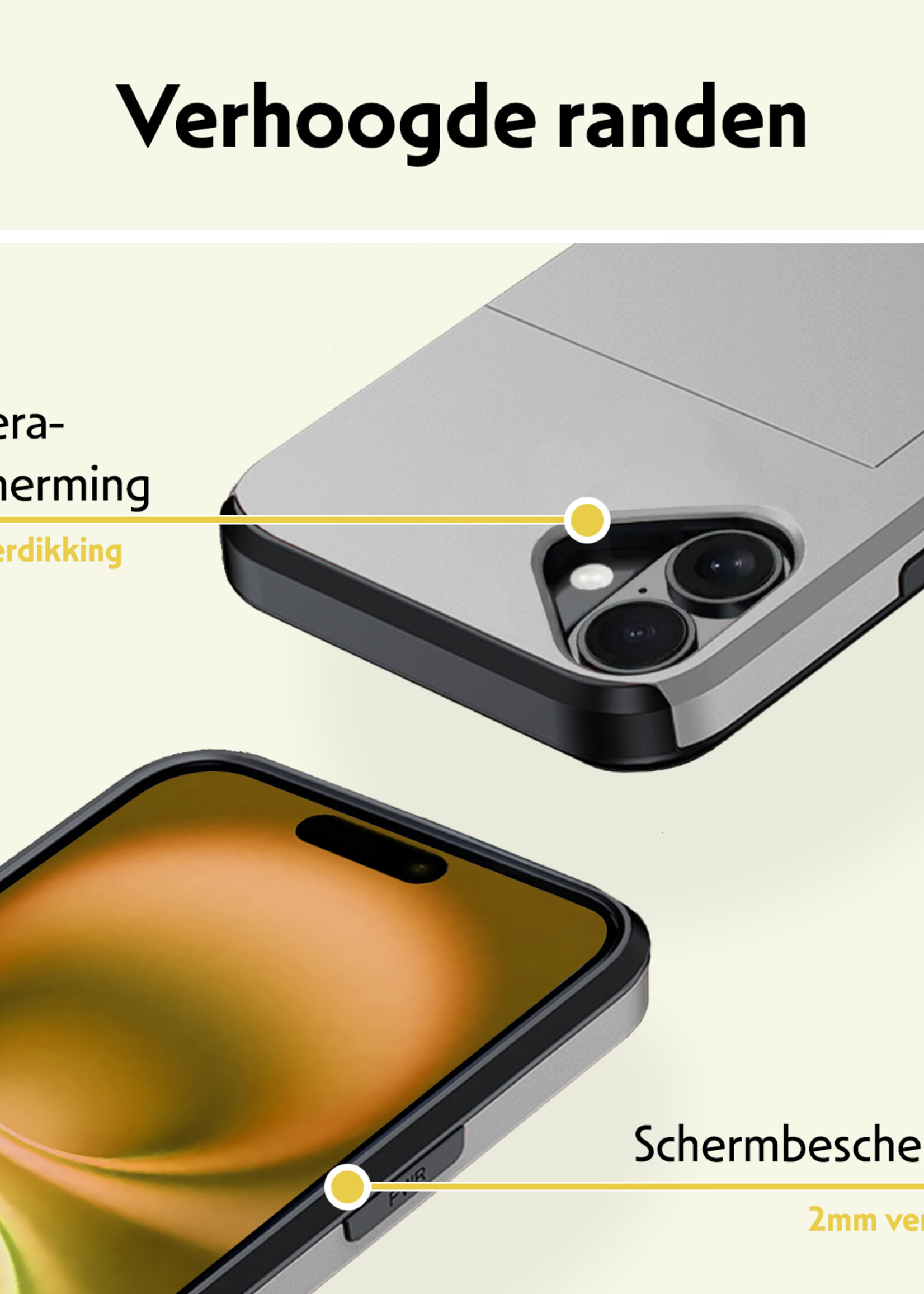 LUQ Hoesje Geschikt voor iPhone 16 Hoesje Case Pashouder Hard Cover - Hoes Geschikt voor iPhone 16 Hoesje Met Kaarthouder - Grijs