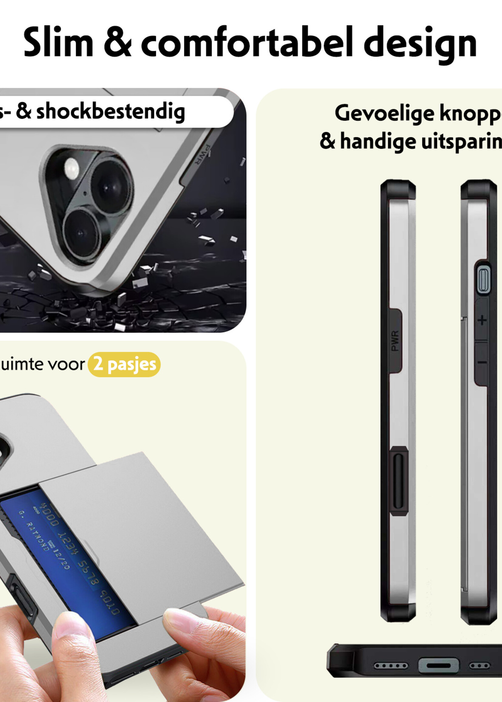 LUQ Hoesje Geschikt voor iPhone 16 Hoesje Case Pashouder Hard Cover - Hoes Geschikt voor iPhone 16 Hoesje Met Kaarthouder - Grijs
