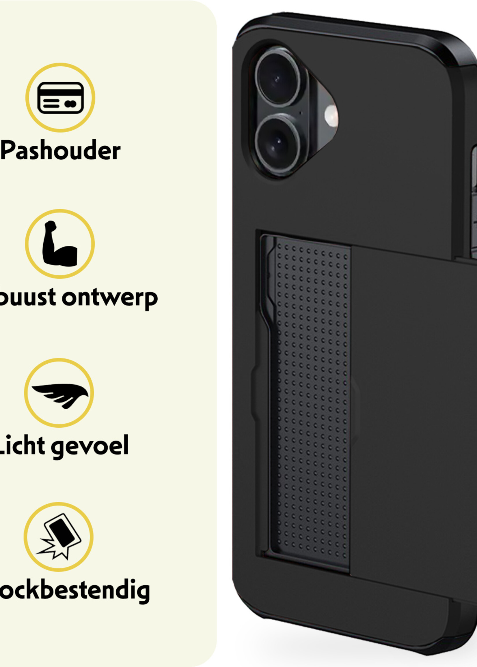 LUQ Hoesje Geschikt voor iPhone 16 Hoesje Case Pashouder Hard Cover - Hoes Geschikt voor iPhone 16 Hoesje Met Kaarthouder - Zwart