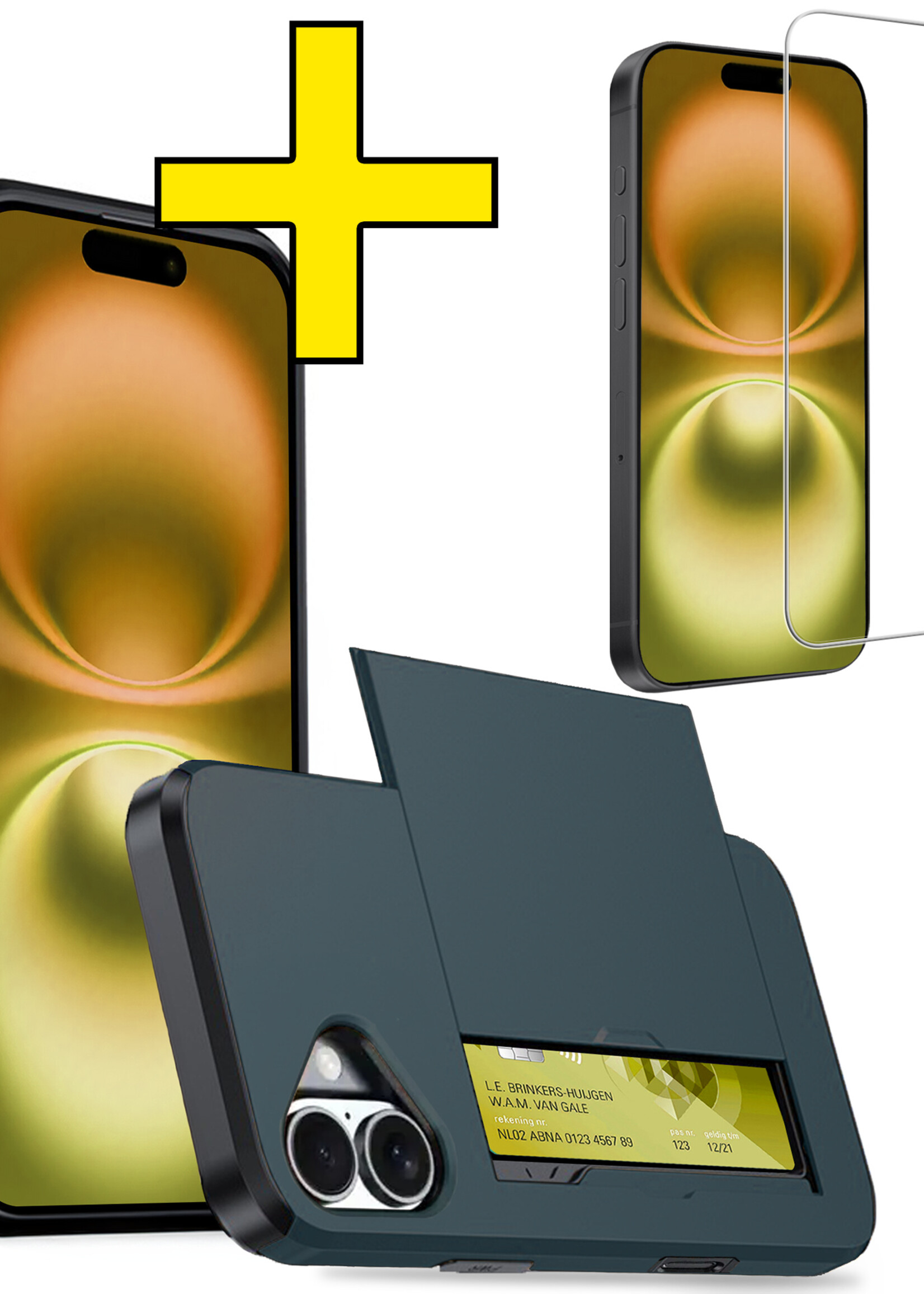 LUQ Hoesje Geschikt voor iPhone 16 Hoesje Case Pashouder Hard Cover Met Screenprotector - Hoes Geschikt voor iPhone 16 Hoesje Met Kaarthouder - Donkerblauw