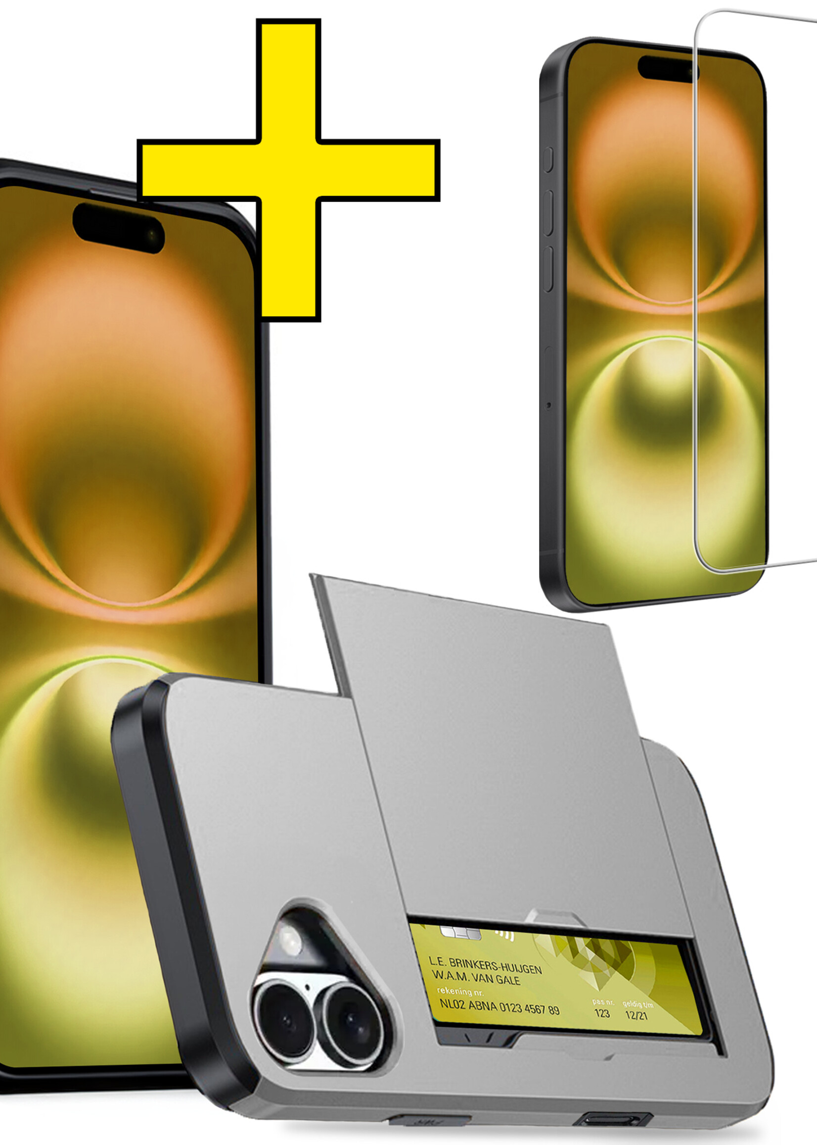 LUQ Hoesje Geschikt voor iPhone 16 Hoesje Case Pashouder Hard Cover Met Screenprotector - Hoes Geschikt voor iPhone 16 Hoesje Met Kaarthouder - Grijs