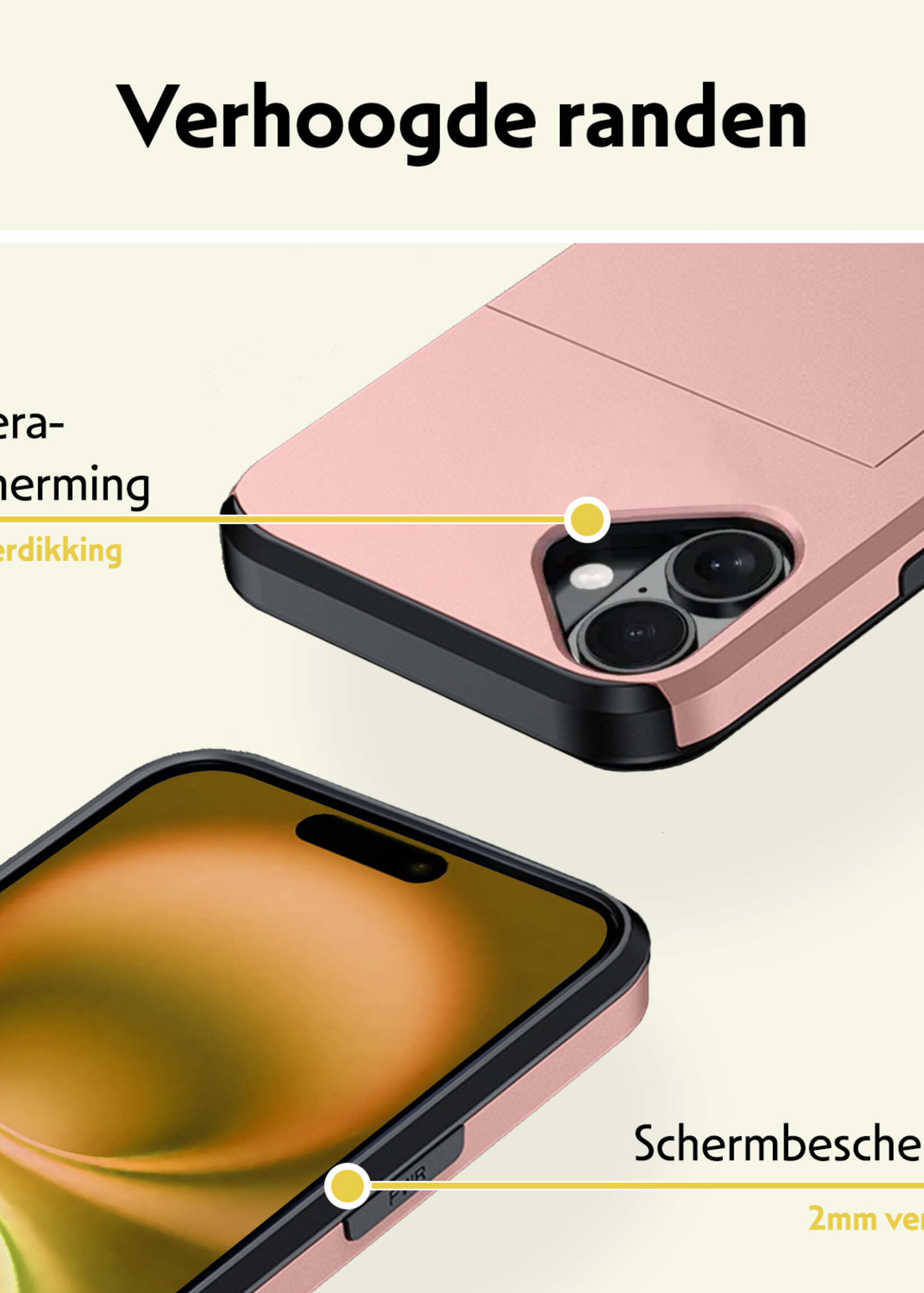 LUQ Hoesje Geschikt voor iPhone 16 Hoesje Case Pashouder Hard Cover Met Screenprotector - Hoes Geschikt voor iPhone 16 Hoesje Met Kaarthouder - Rosé goud